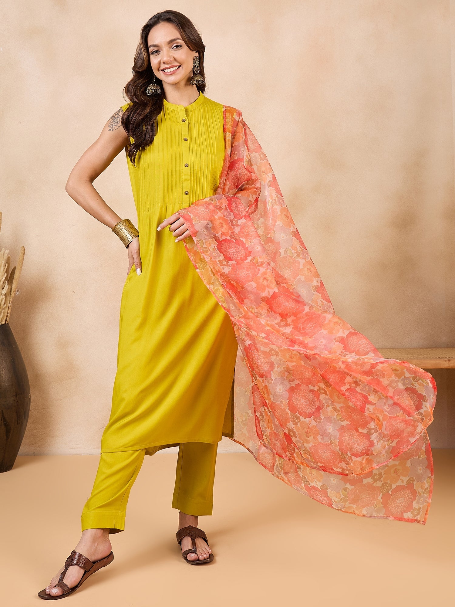 Women's Orange Big Floral Organza Dupatta - InWeave