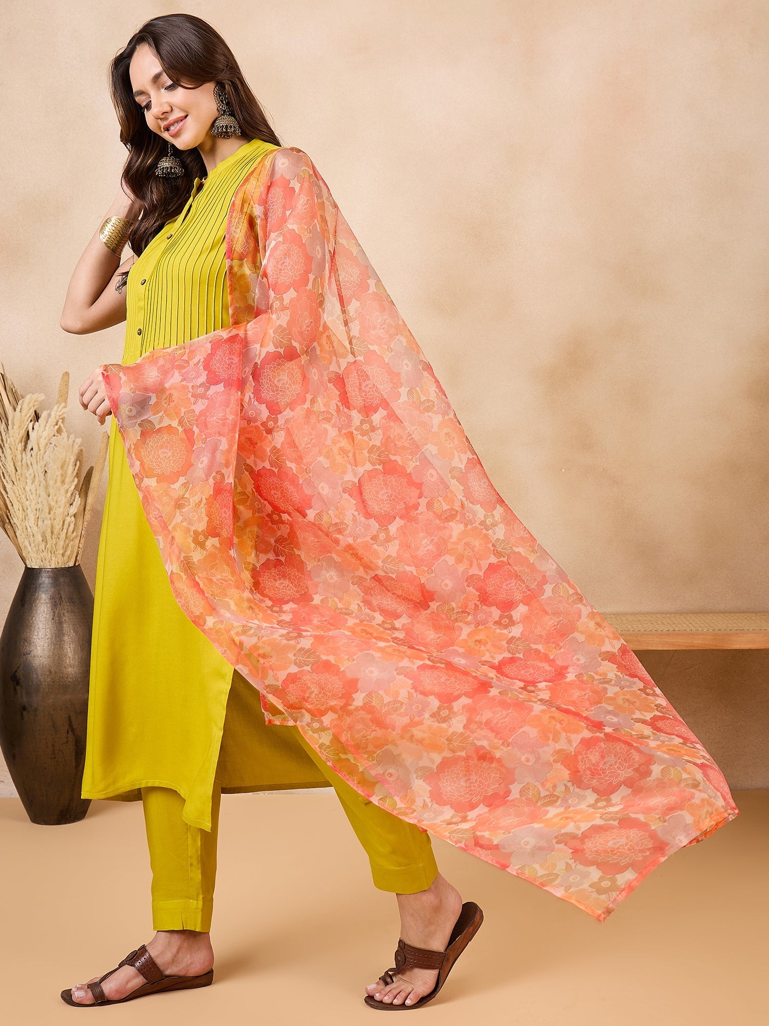 Women's Orange Big Floral Organza Dupatta - InWeave