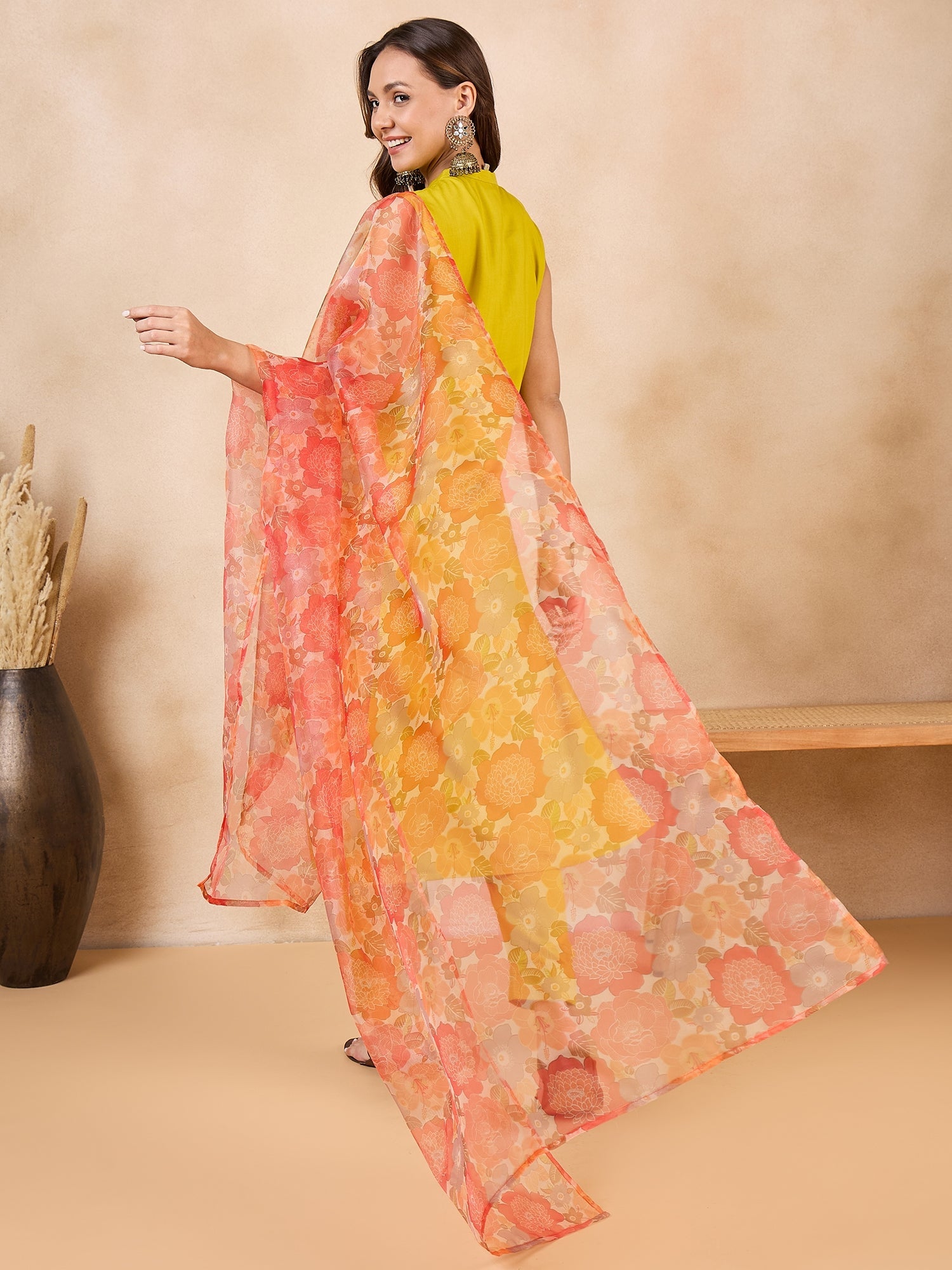 Women's Orange Big Floral Organza Dupatta - InWeave