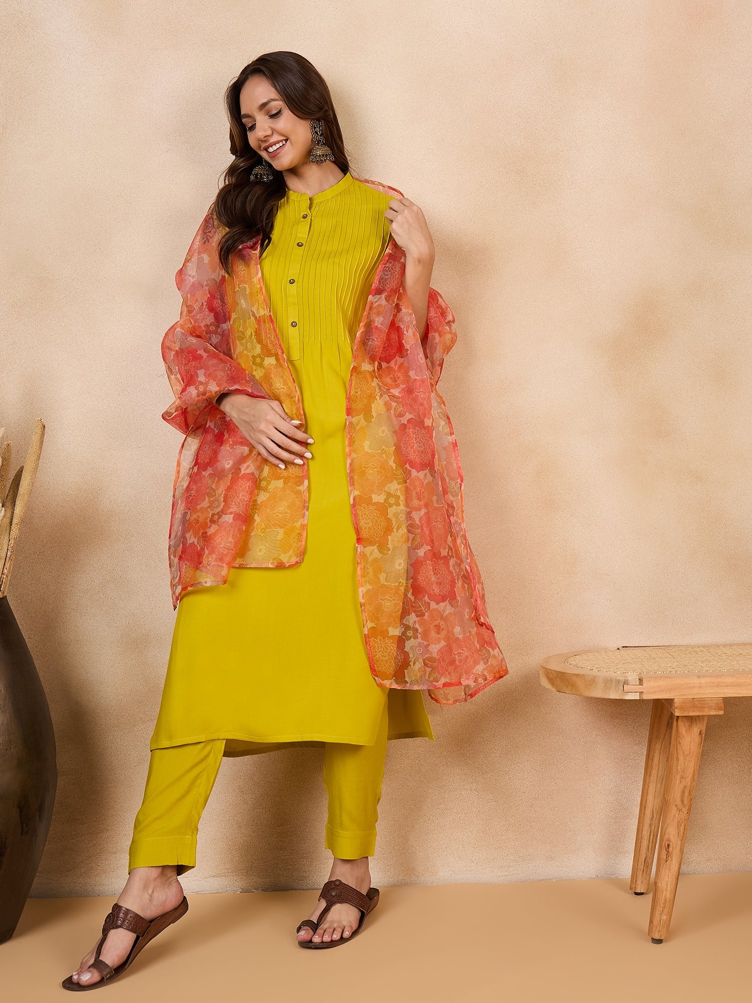 Women's Orange Big Floral Organza Dupatta - InWeave