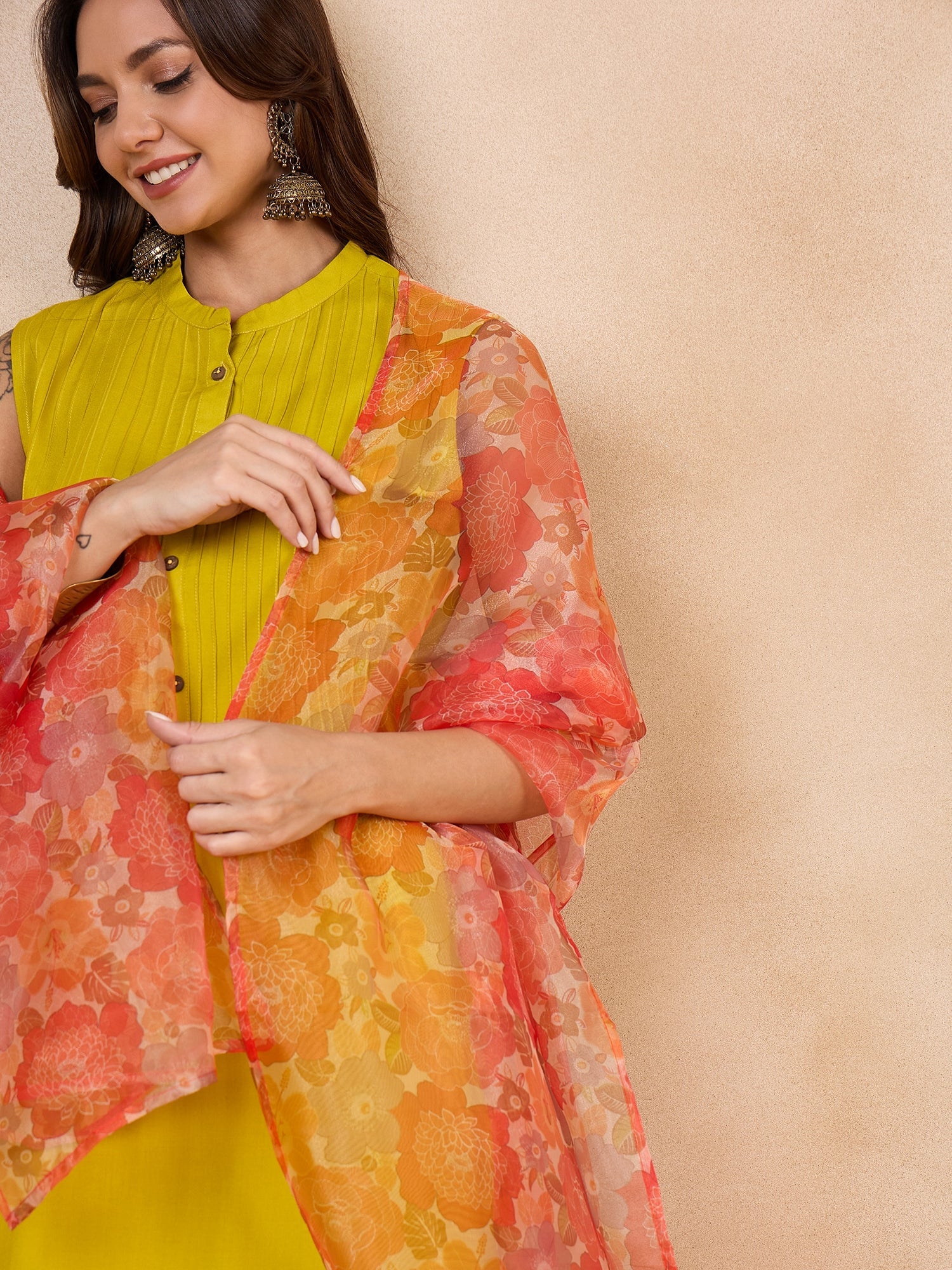 Women's Orange Big Floral Organza Dupatta - InWeave