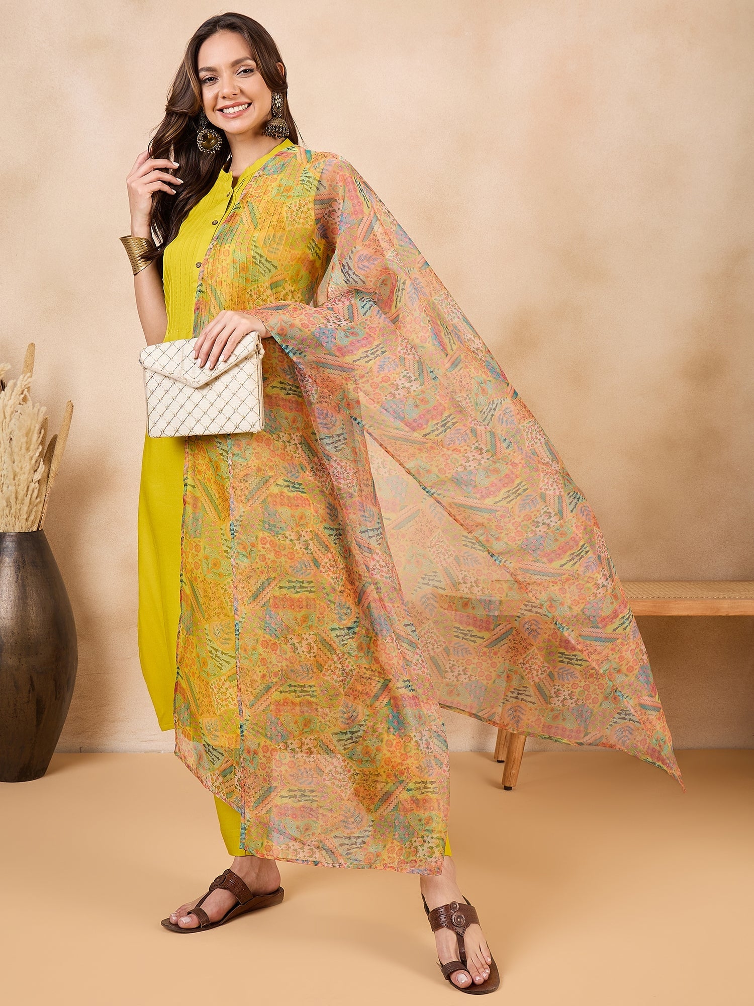 Women's Multi Garden Print Organza Dupatta - InWeave