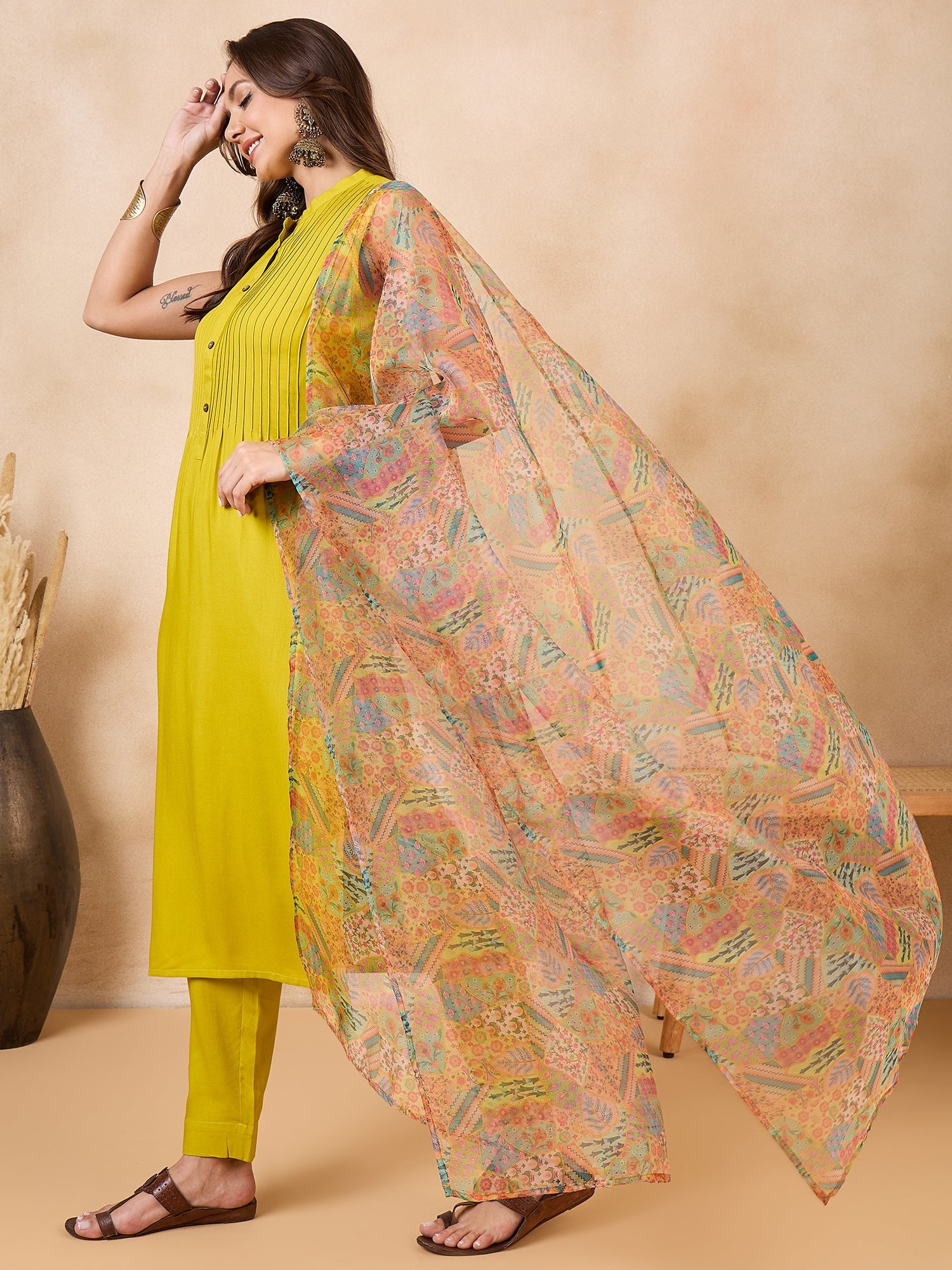 Women's Multi Garden Print Organza Dupatta - InWeave