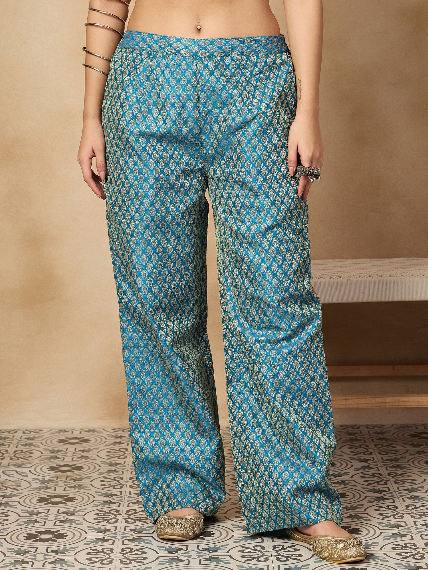 Women's Maya Blue Brocade Pant - InWeave