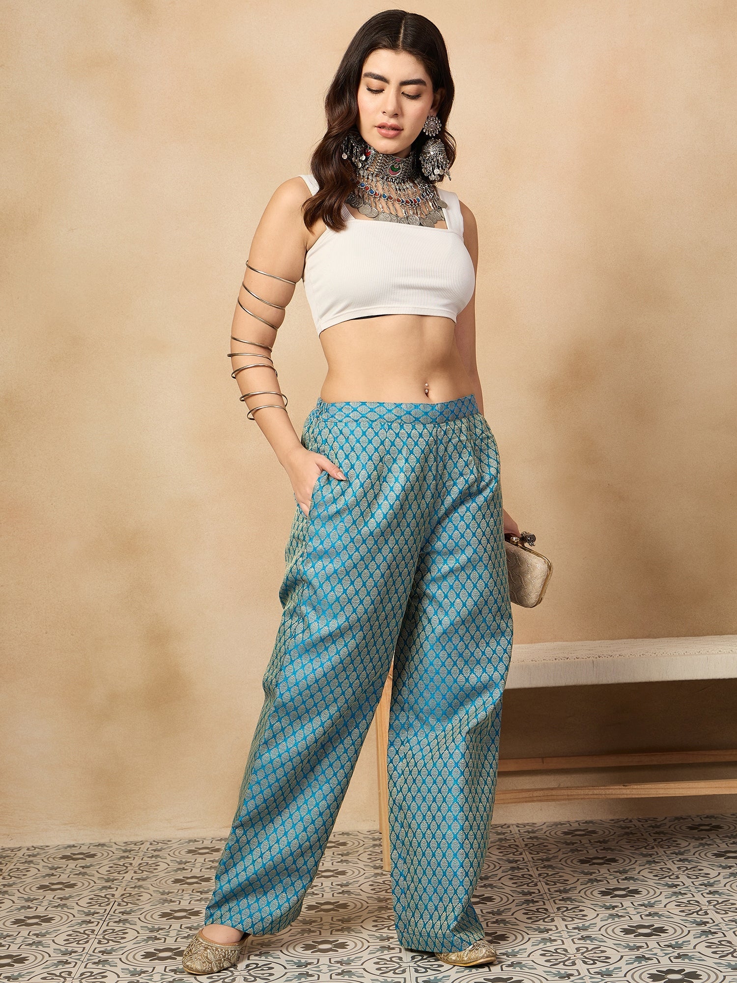 Women's Maya Blue Brocade Pant - InWeave