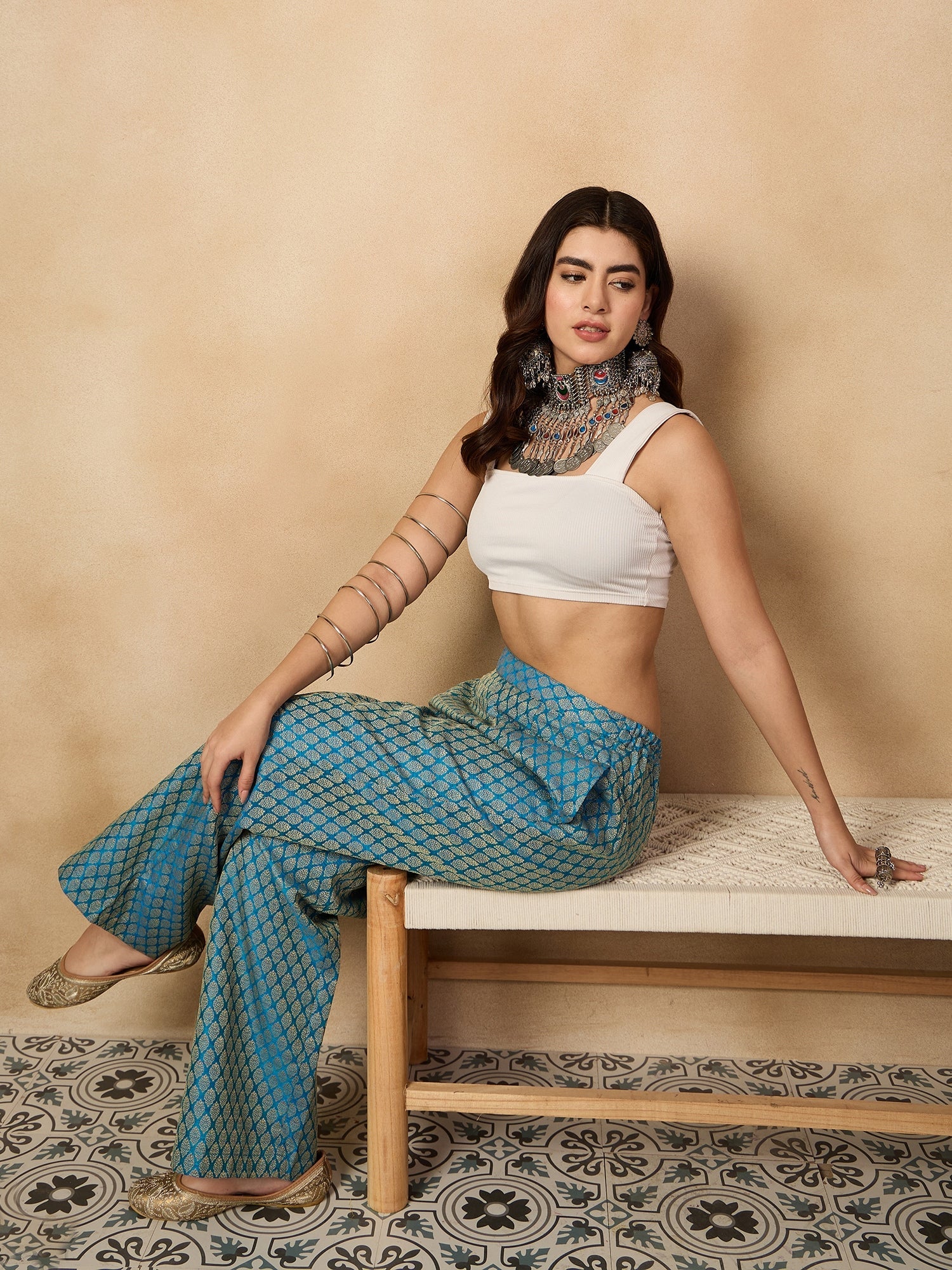 Women's Maya Blue Brocade Pant - InWeave