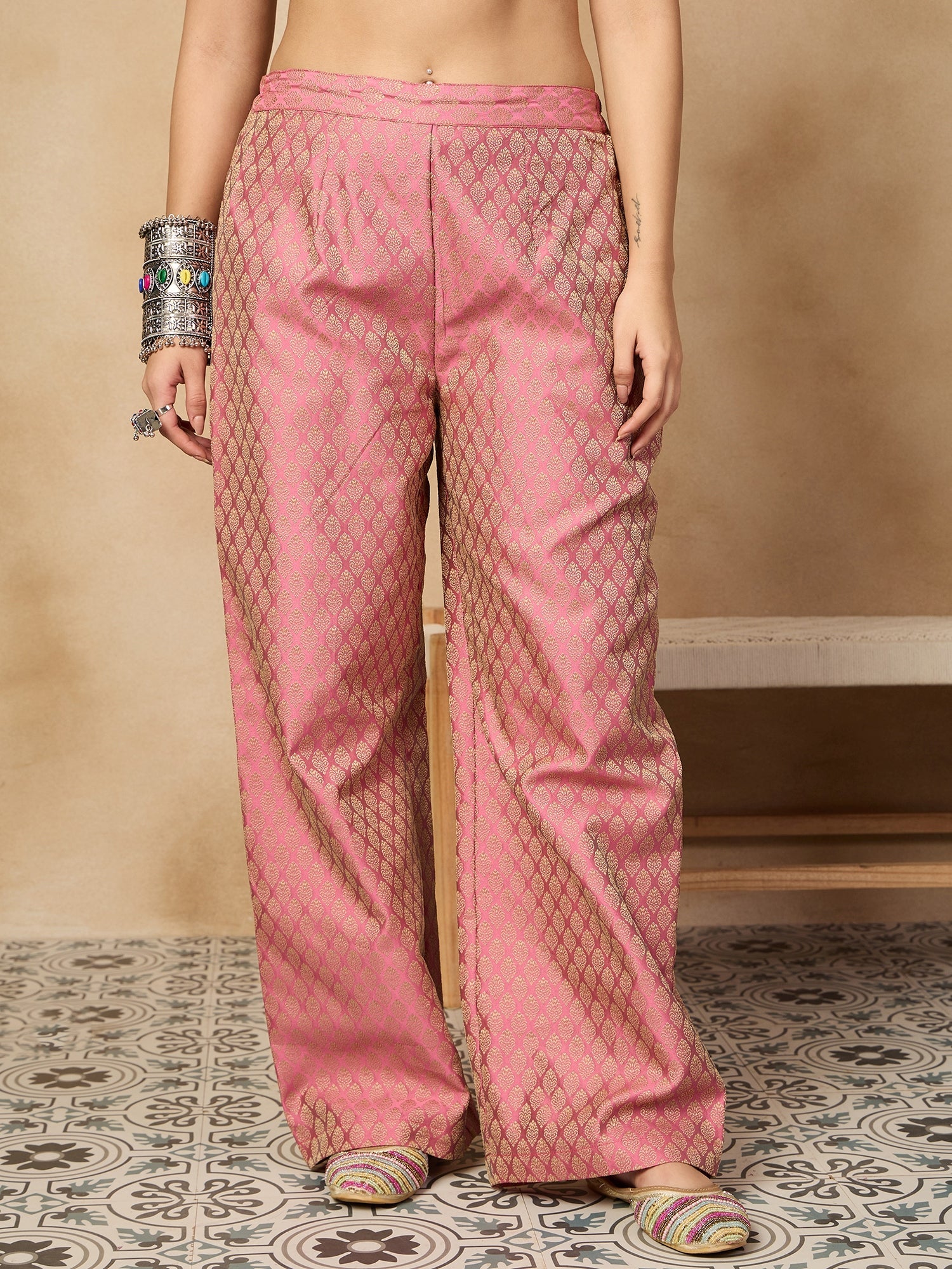 Women's Light Pink Brocade Pant - InWeave