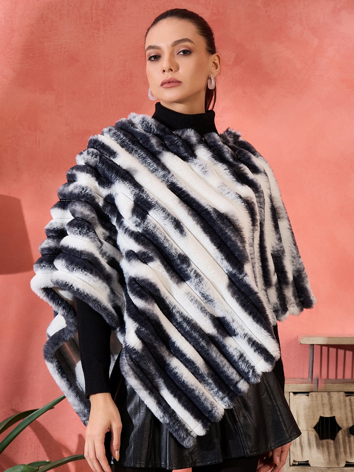 Women's Black White Dye Rabbit Faux Fur Poncho - InWeave