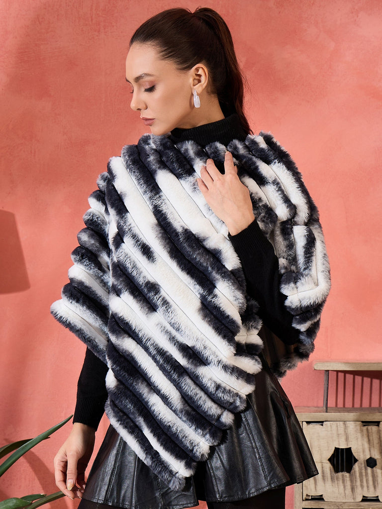Women's Black White Dye Rabbit Faux Fur Poncho