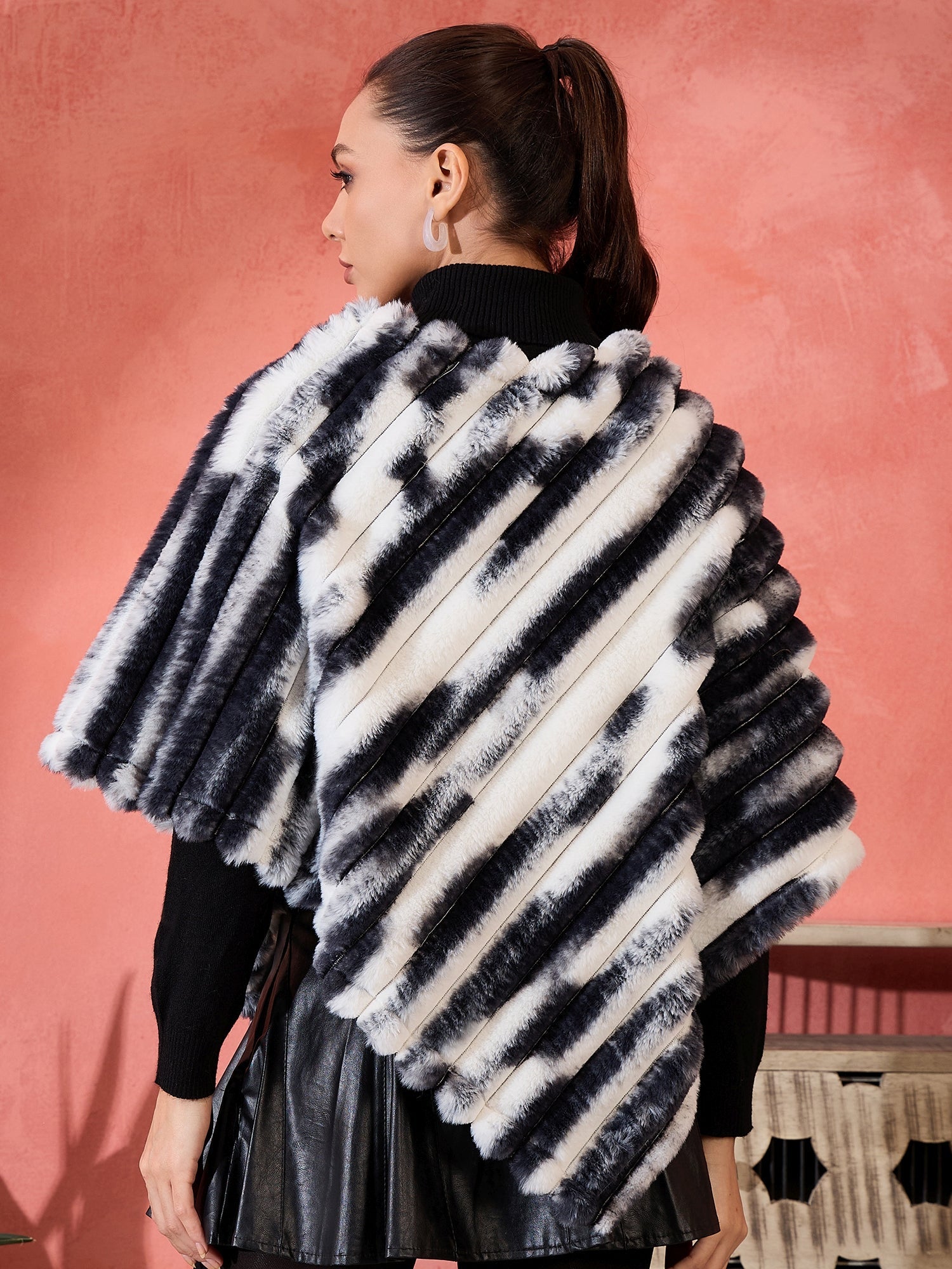 Women's Black White Dye Rabbit Faux Fur Poncho - InWeave