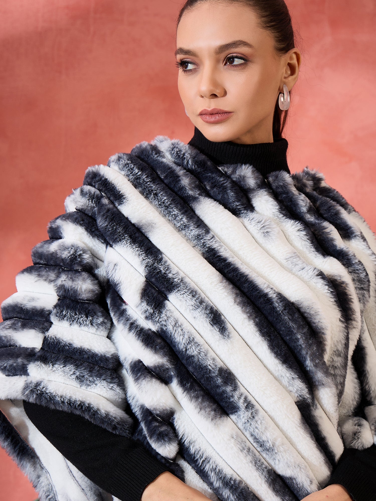 Women's Black White Dye Rabbit Faux Fur Poncho - InWeave