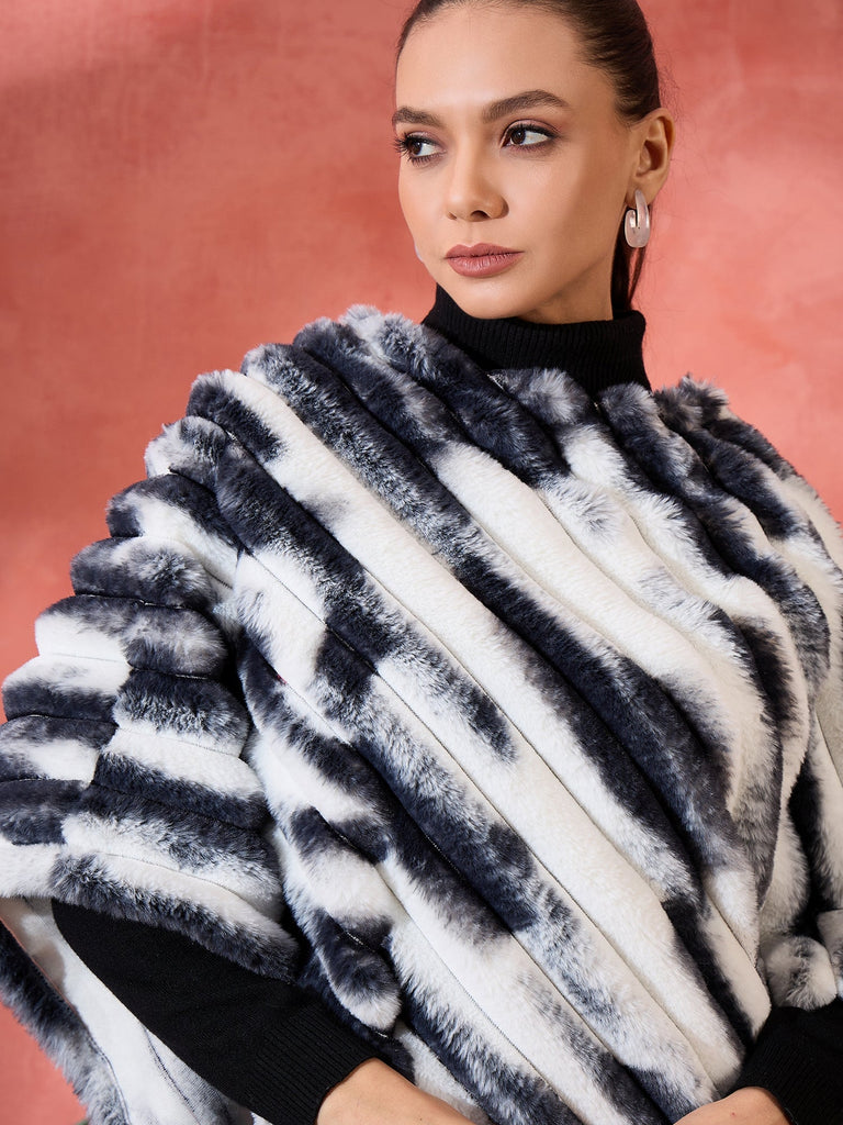 Women's Black White Dye Rabbit Faux Fur Poncho