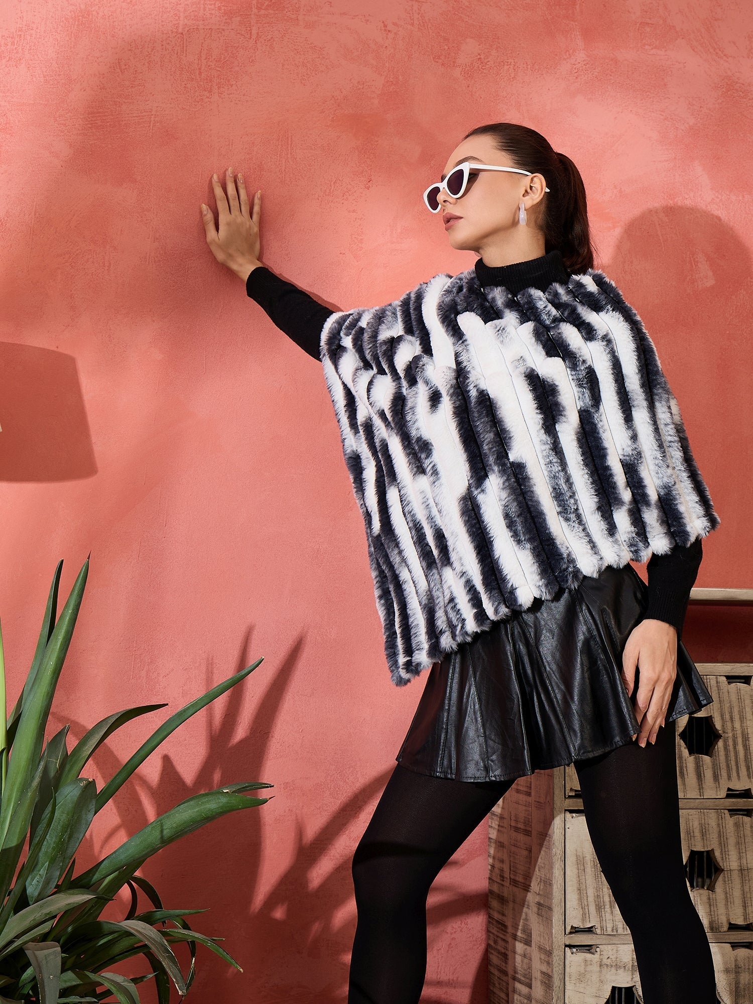 Women's Black White Dye Rabbit Faux Fur Poncho - InWeave