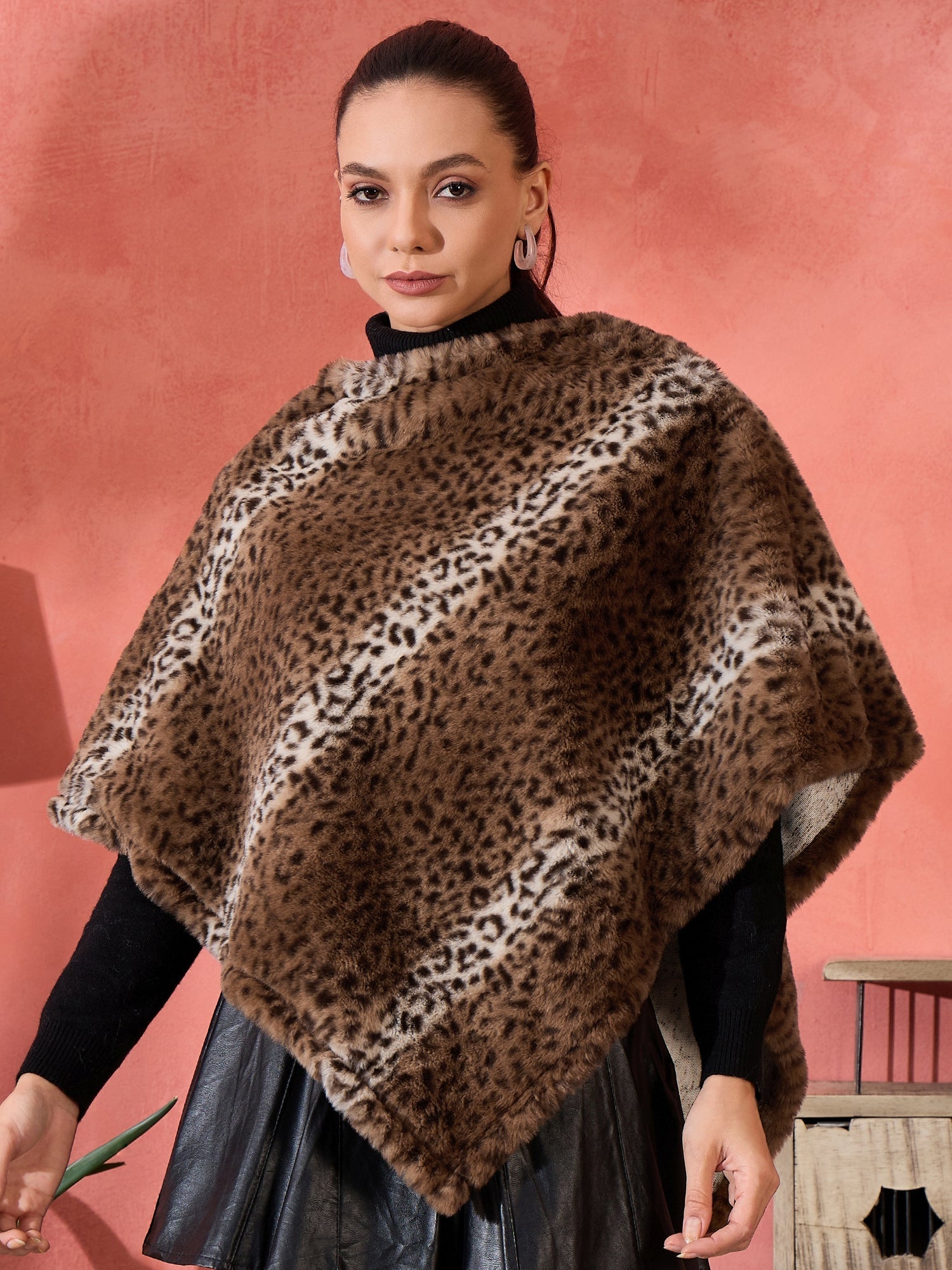 Women's Brown Leopard Rabbit Faux Fur Poncho - InWeave