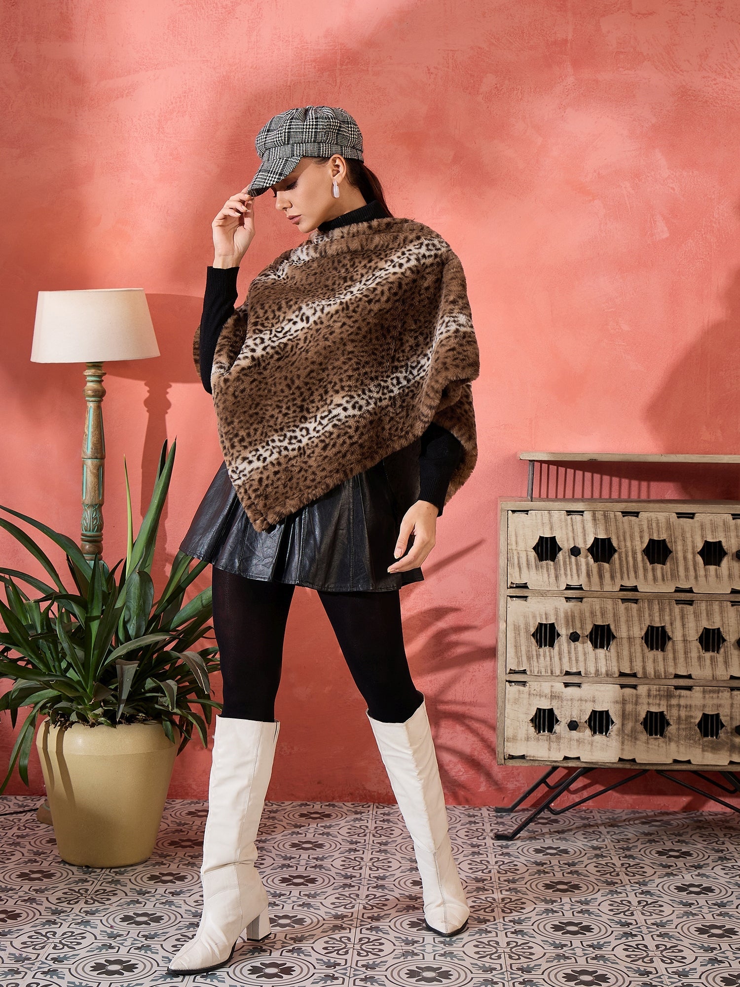 Women's Brown Leopard Rabbit Faux Fur Poncho - InWeave