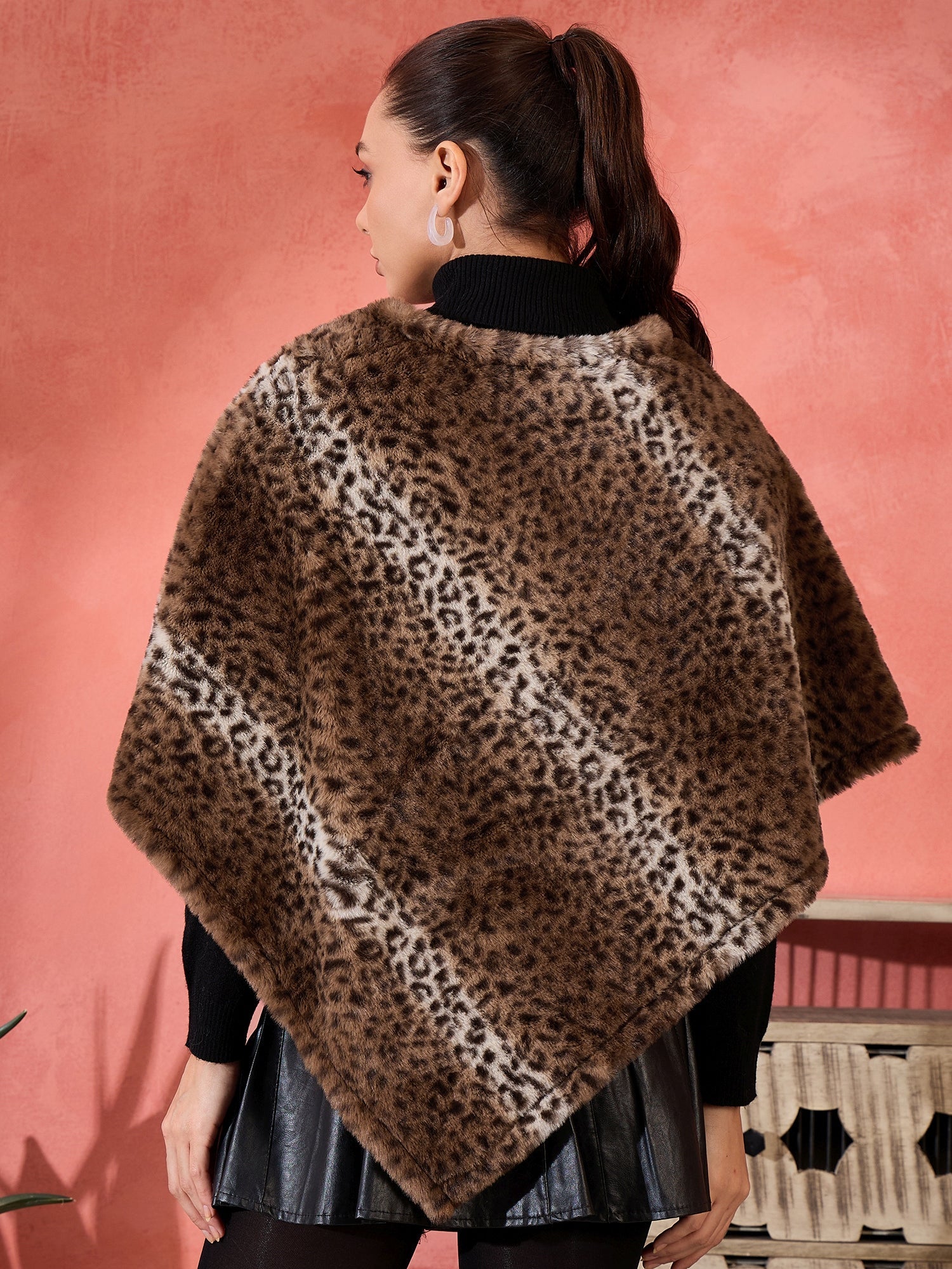 Women's Brown Leopard Rabbit Faux Fur Poncho - InWeave