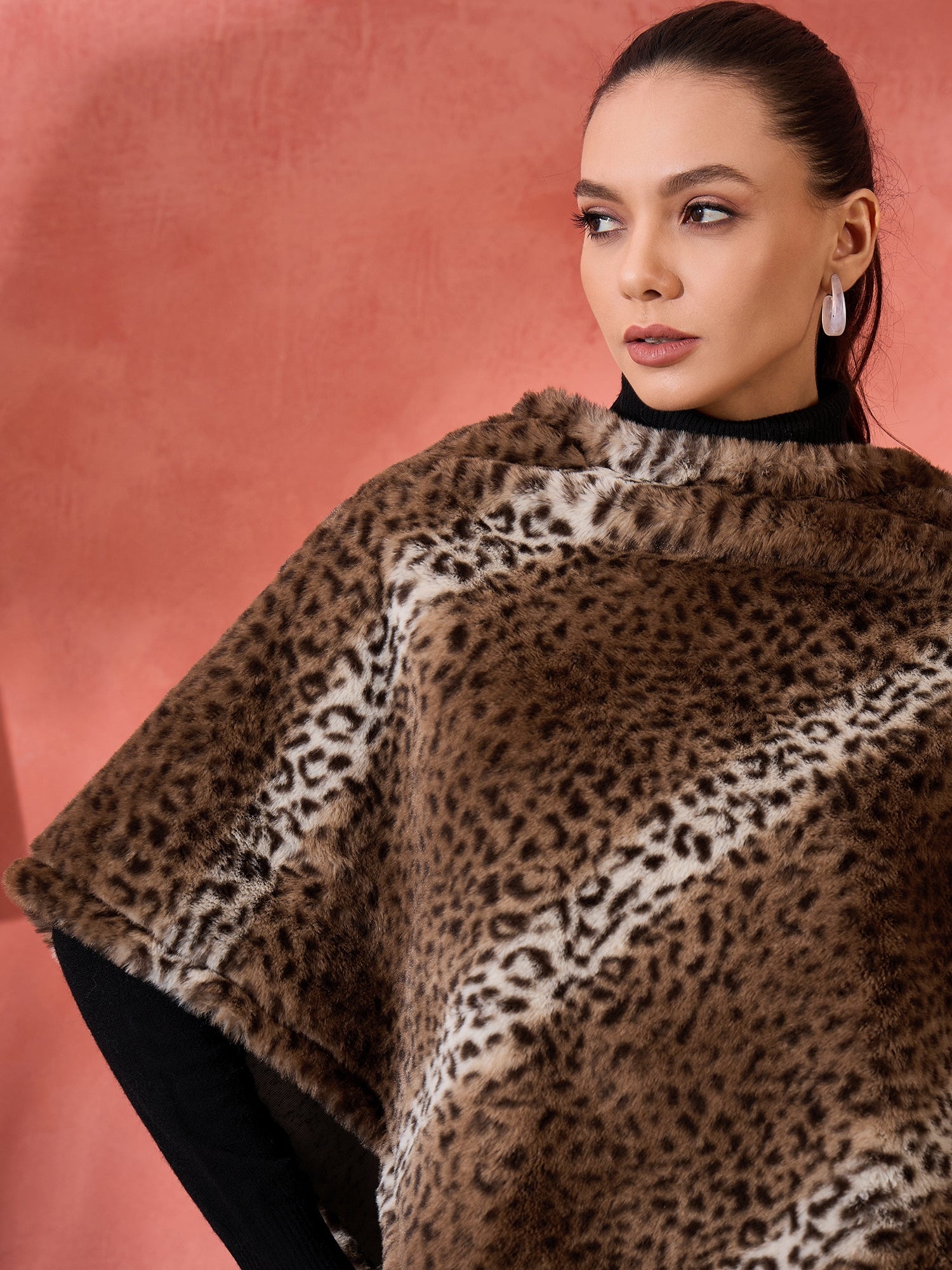 Women's Brown Leopard Rabbit Faux Fur Poncho - InWeave