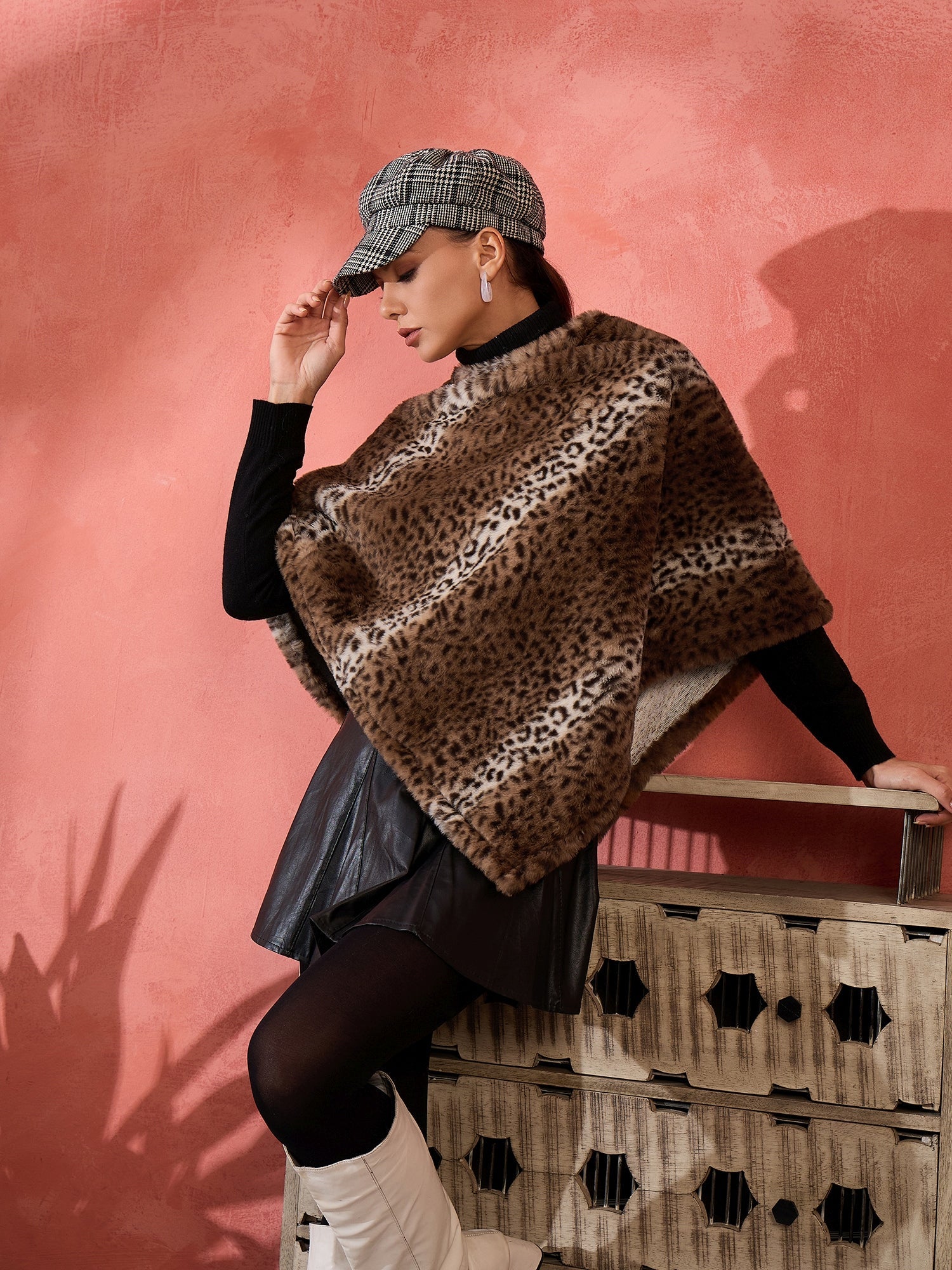 Women's Brown Leopard Rabbit Faux Fur Poncho - InWeave