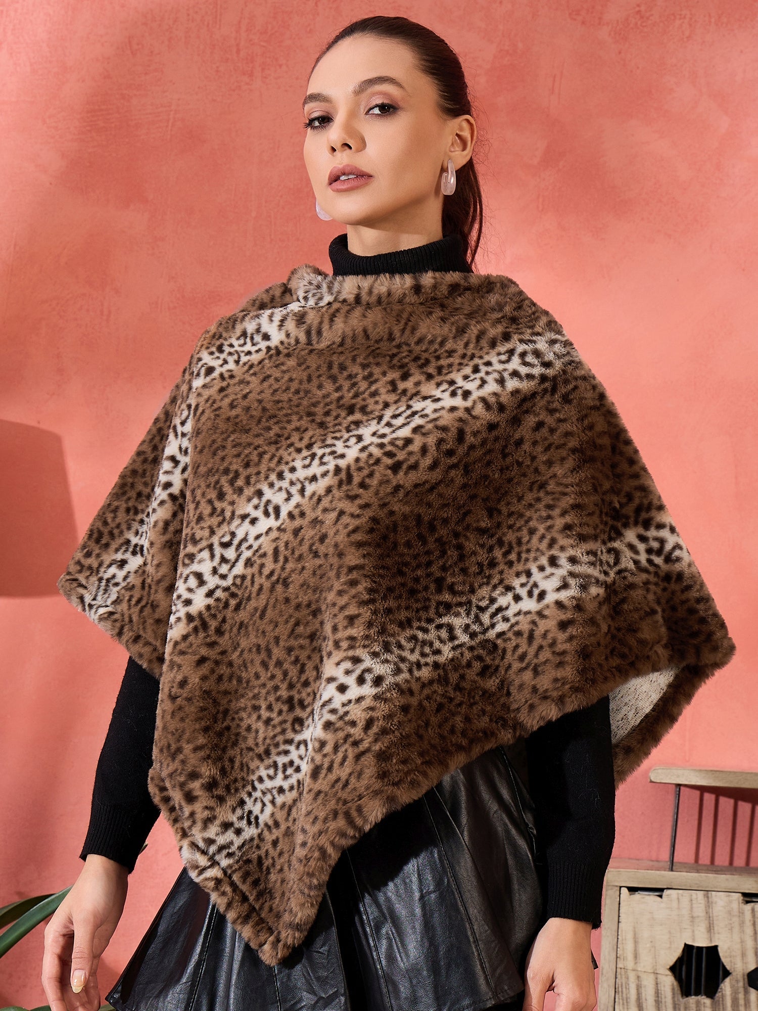 Women's Brown Leopard Rabbit Faux Fur Poncho - InWeave