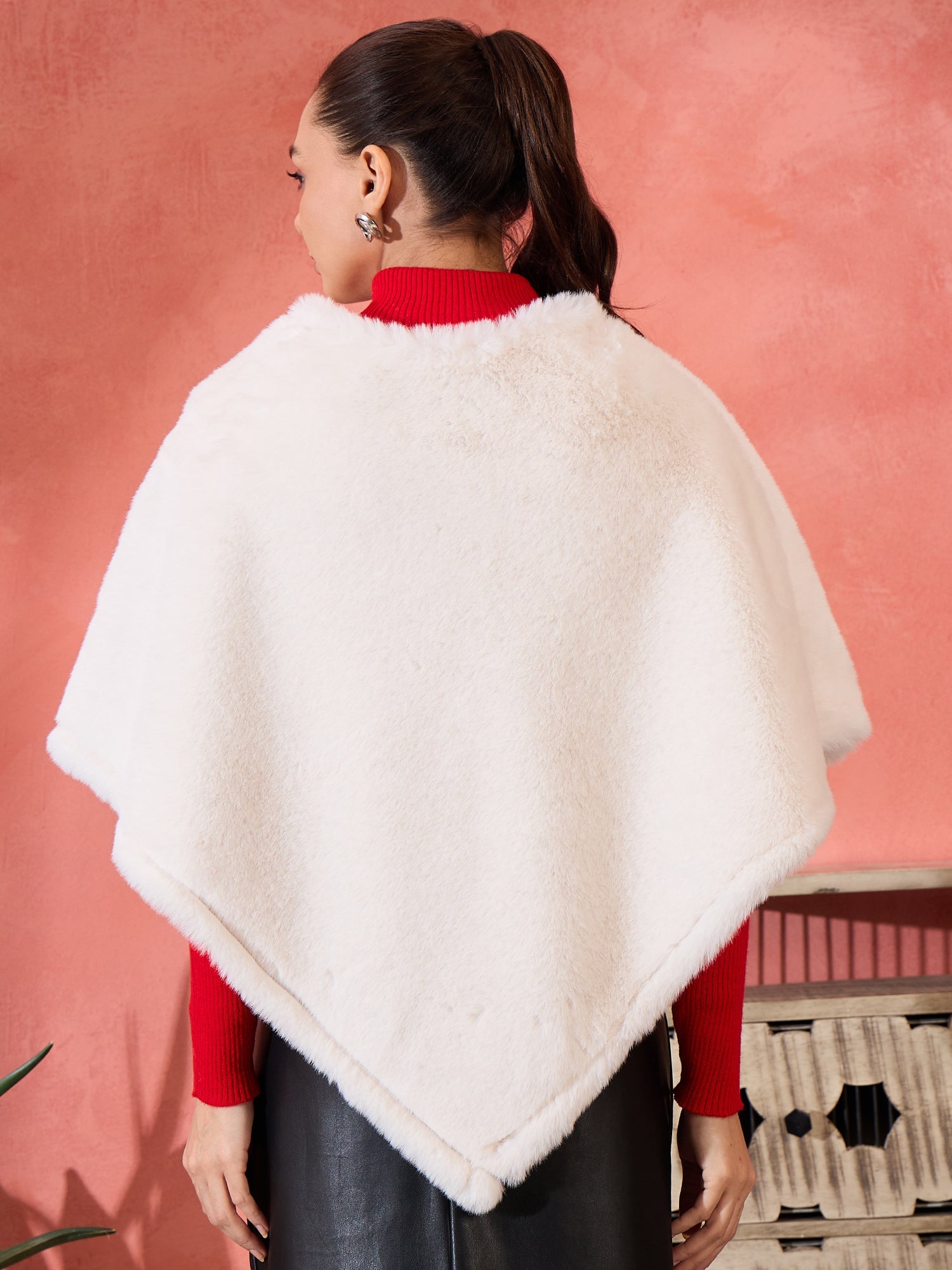 Women's Cream Rabbit Faux Fur Poncho - InWeave