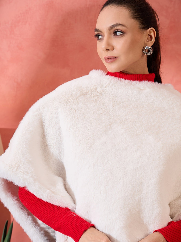 Women's Cream Rabbit Faux Fur Poncho