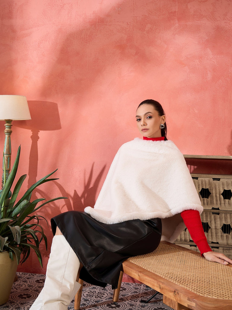 Women's Cream Rabbit Faux Fur Poncho