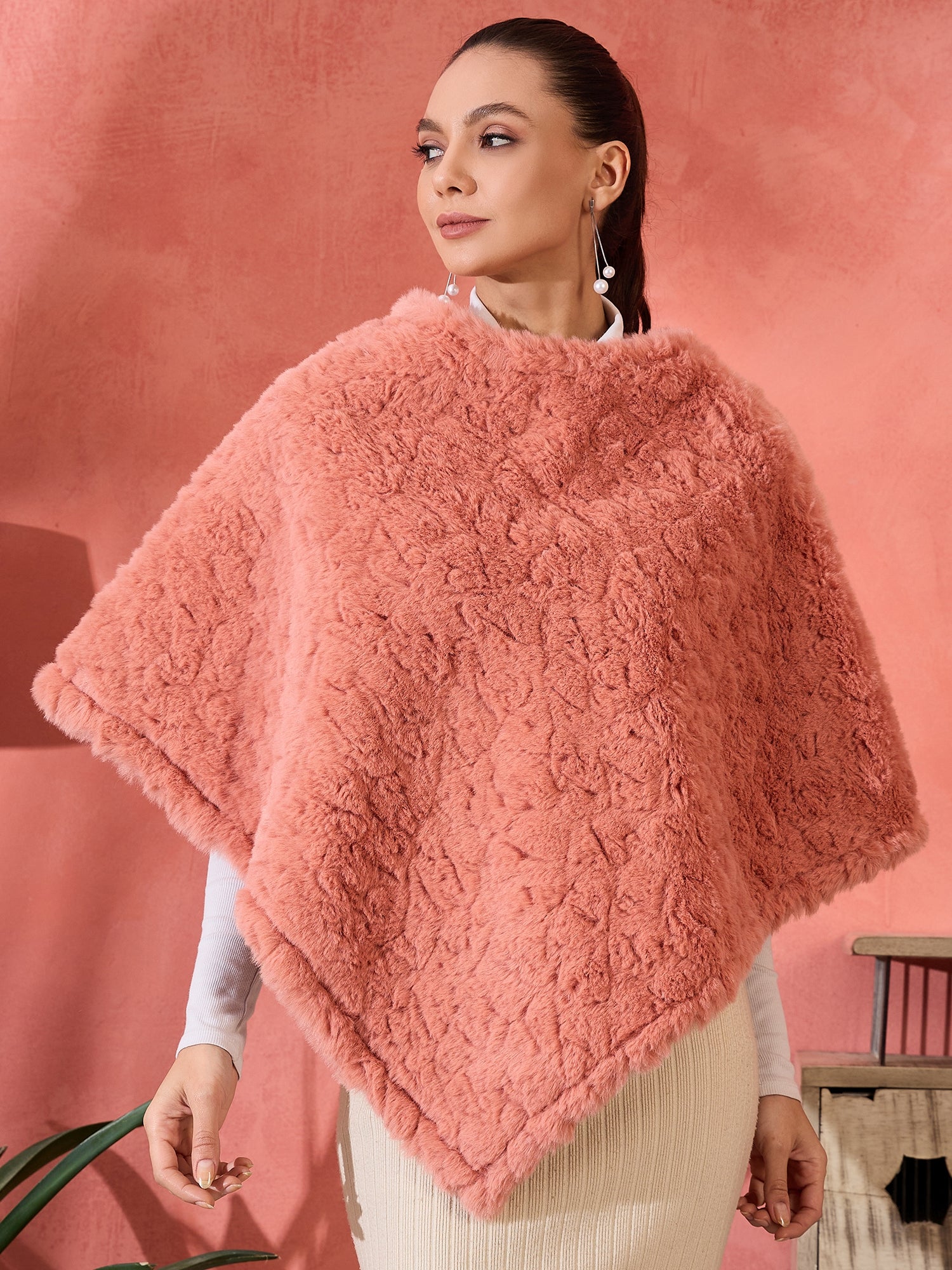 Women's Coral Rabbit Faux Fur Poncho - InWeave