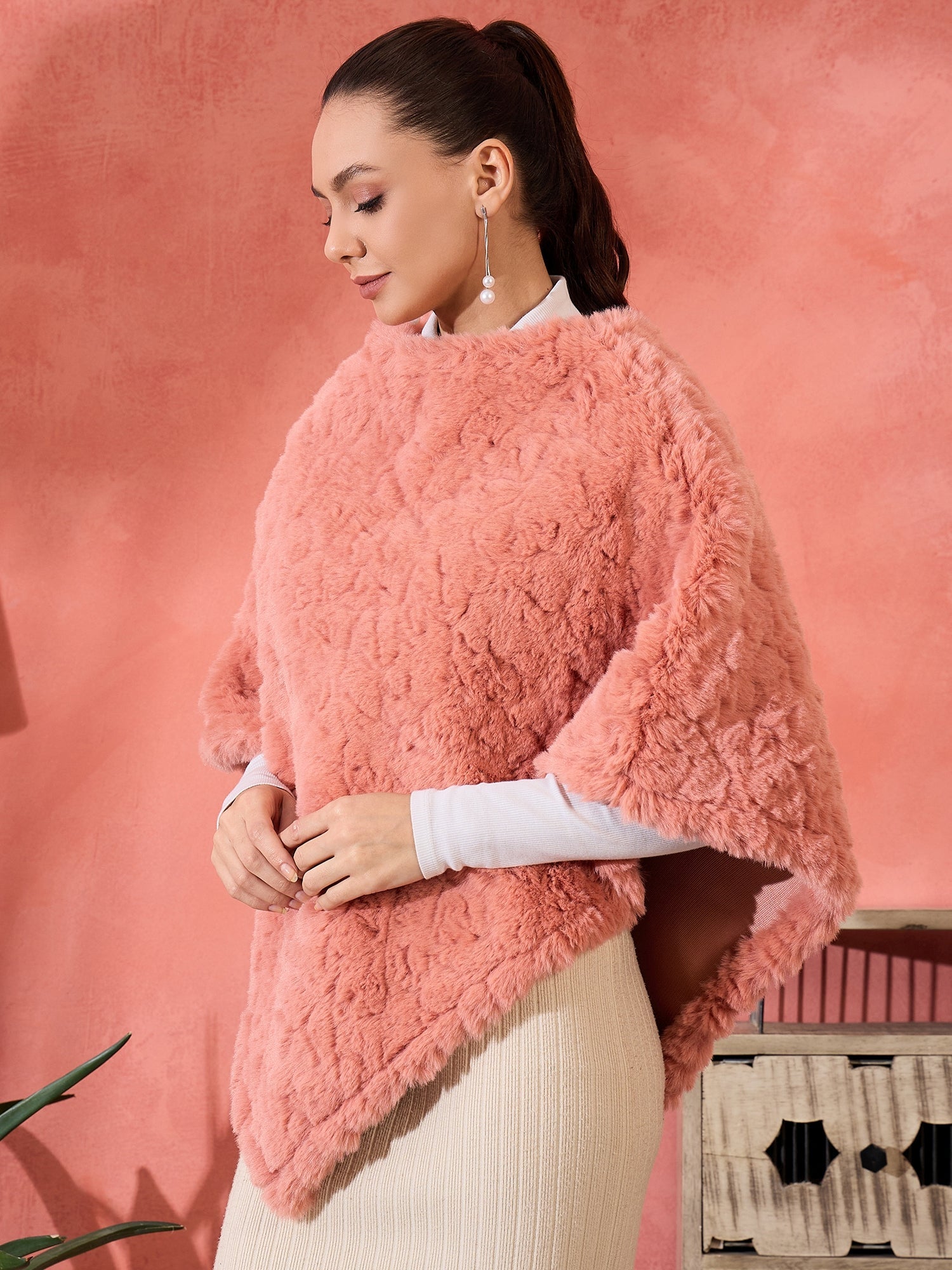 Women's Coral Rabbit Faux Fur Poncho - InWeave