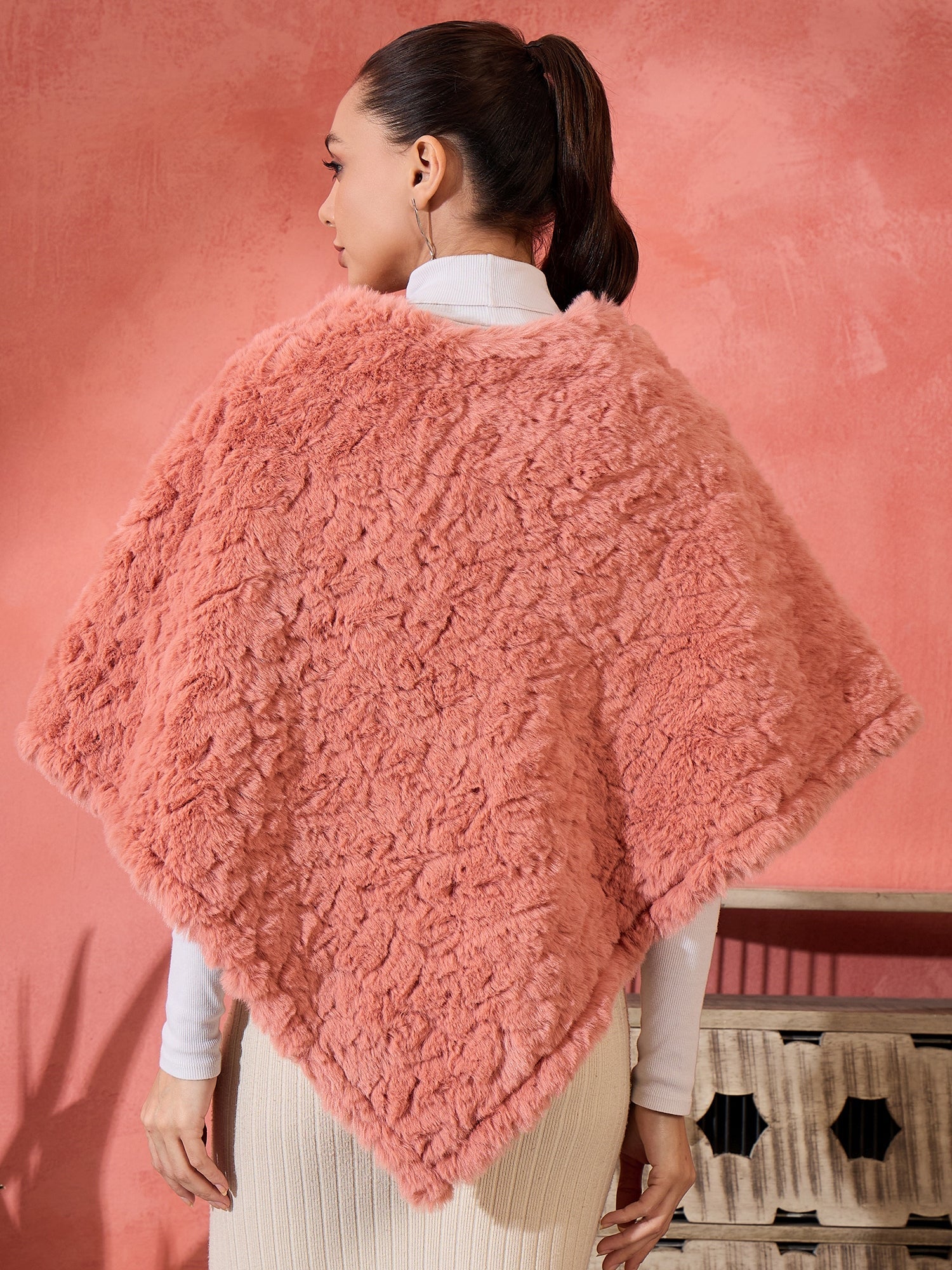 Women's Coral Rabbit Faux Fur Poncho - InWeave