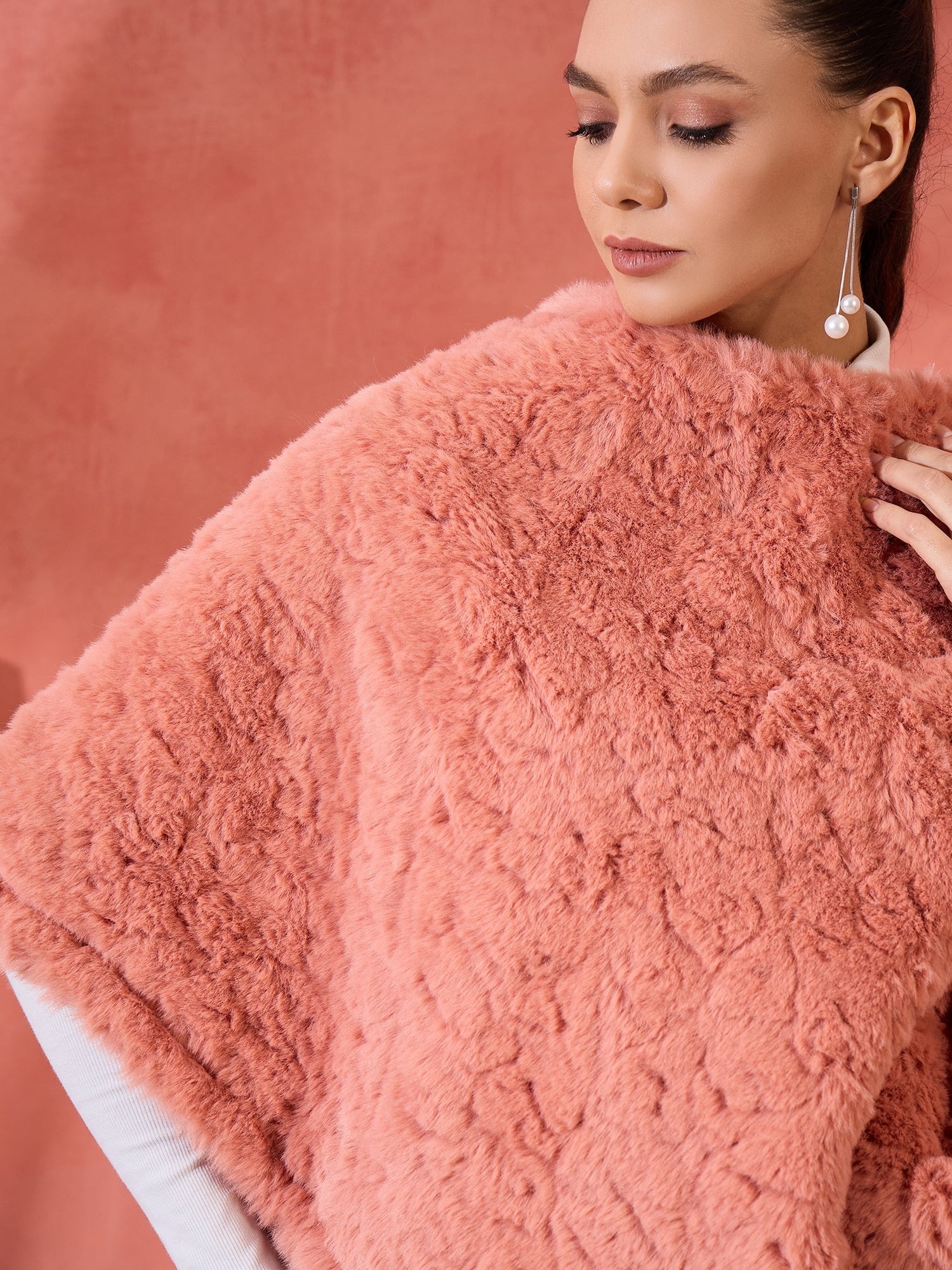 Women's Coral Rabbit Faux Fur Poncho - InWeave