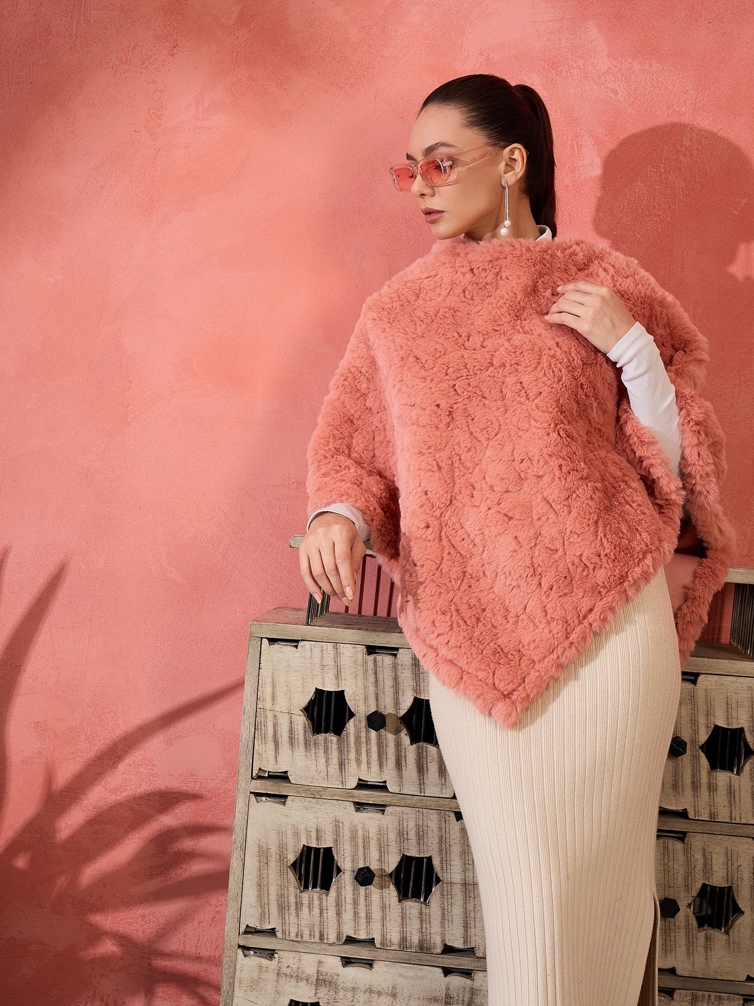 Women's Coral Rabbit Faux Fur Poncho - InWeave