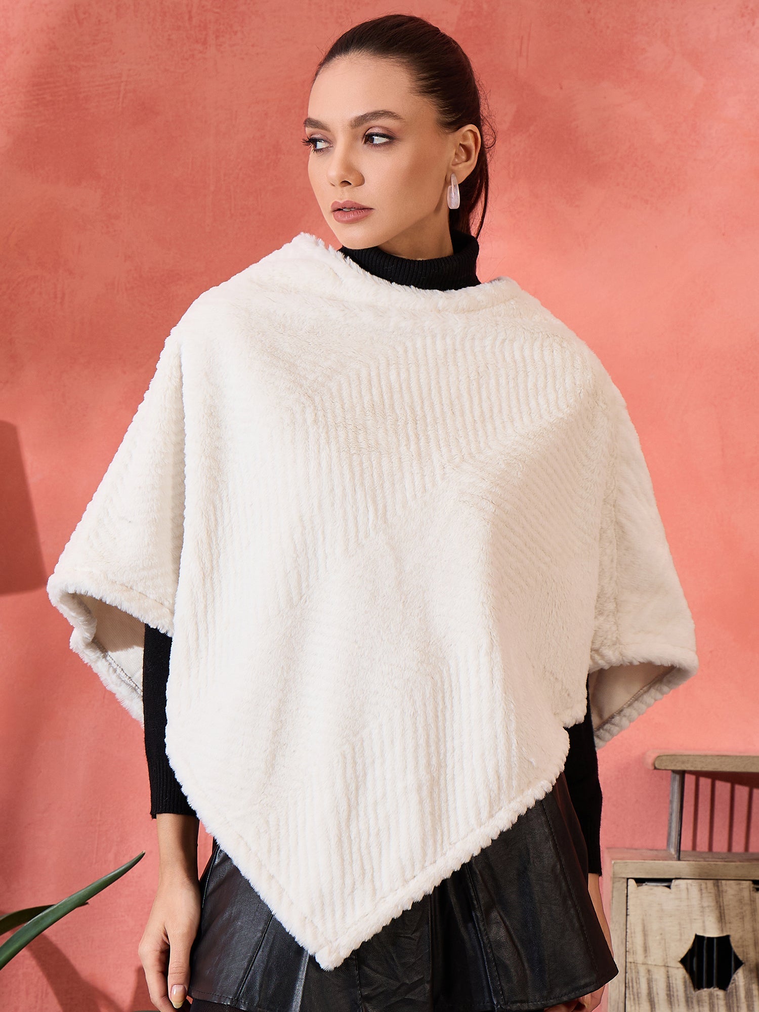 Women's Cream Striped Rabbit Faux Fur Poncho - InWeave