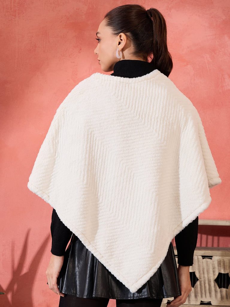 Women's Cream Striped Rabbit Faux Fur Poncho