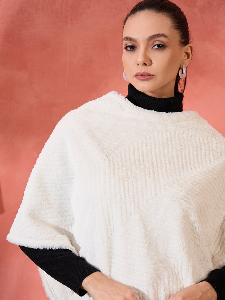 Women's Cream Striped Rabbit Faux Fur Poncho