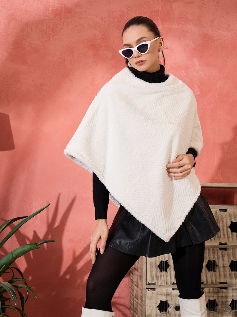 Women's Cream Striped Rabbit Faux Fur Poncho