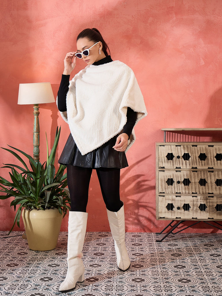 Women's Cream Striped Rabbit Faux Fur Poncho