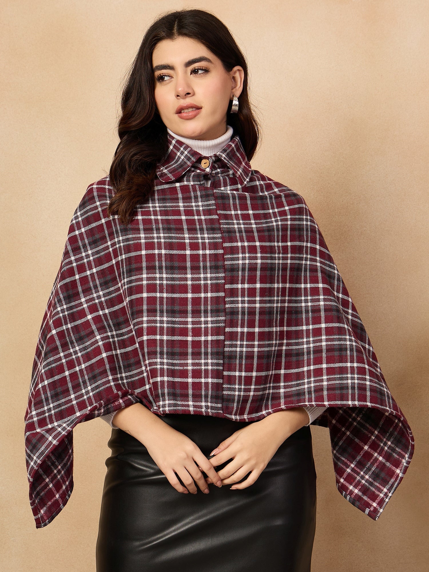 Women's Burgundy Grey Check Collar Poncho - InWeave