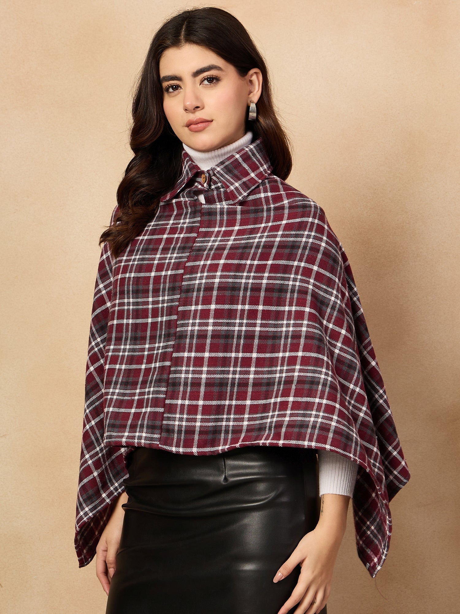 Women's Burgundy Grey Check Collar Poncho - InWeave