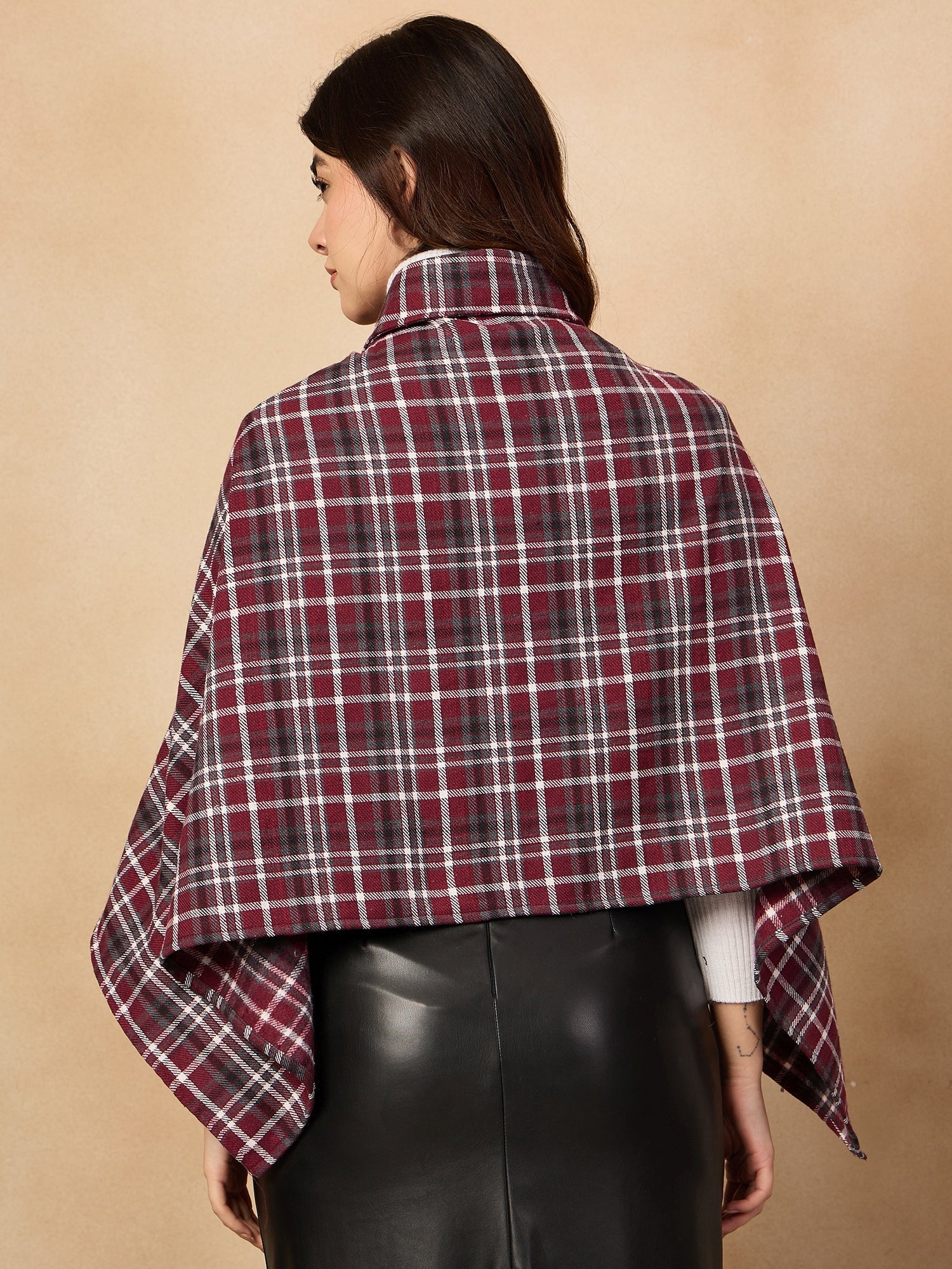 Women's Burgundy Grey Check Collar Poncho - InWeave