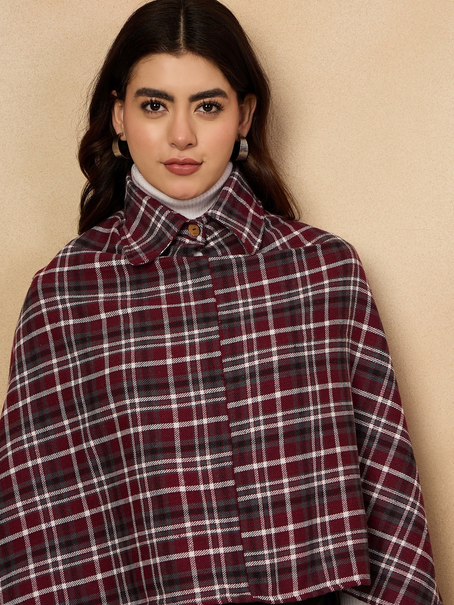 Women's Burgundy Grey Check Collar Poncho - InWeave