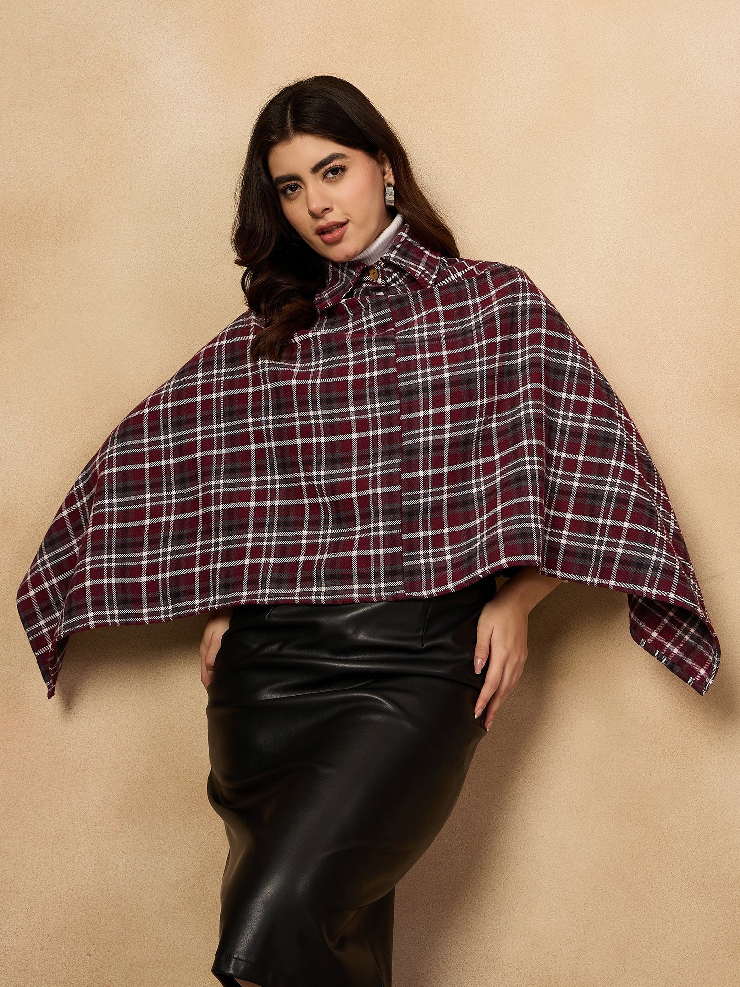 Women's Burgundy Grey Check Collar Poncho - InWeave