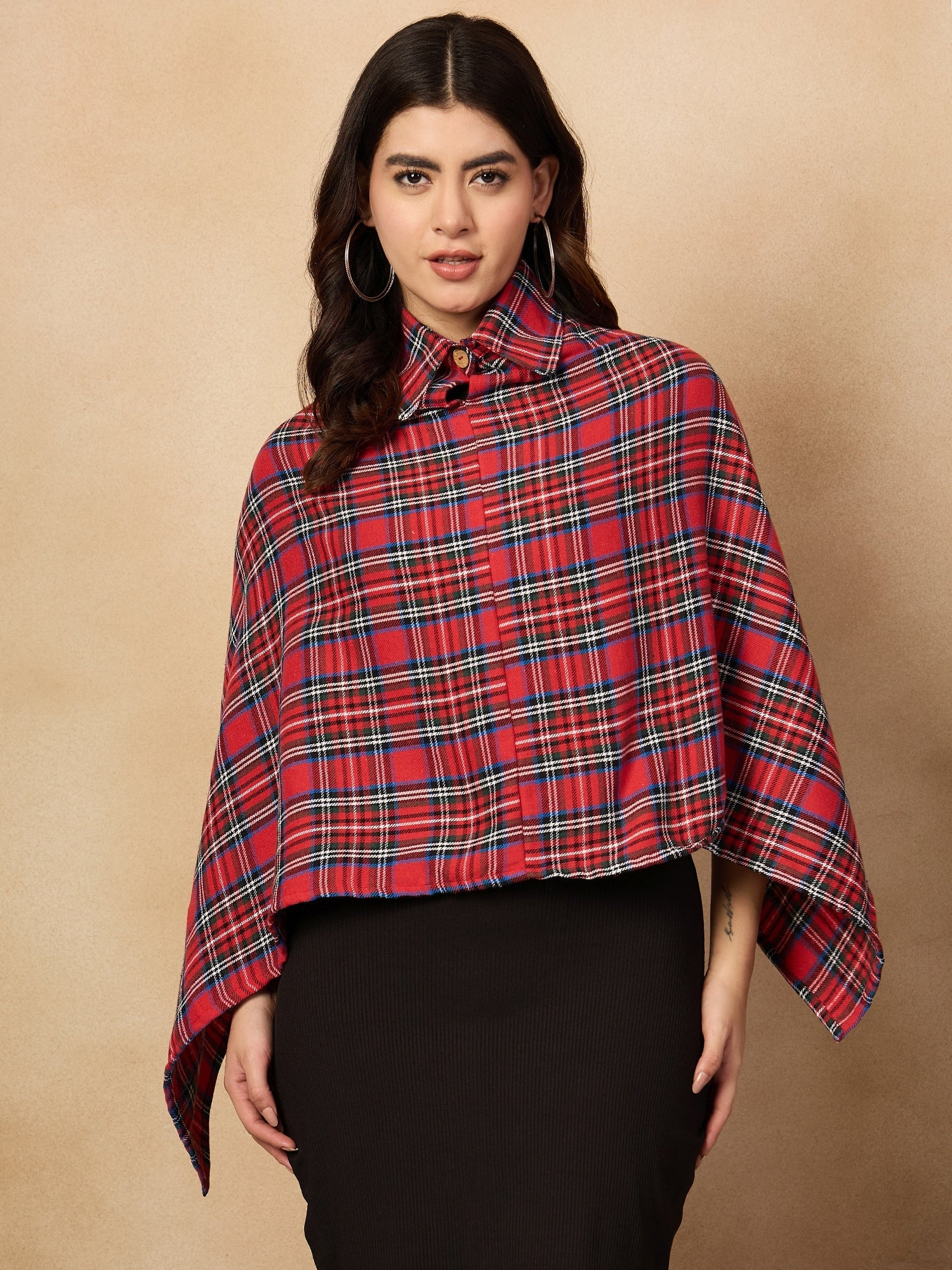 Women's Red Green Check Collar Poncho - InWeave