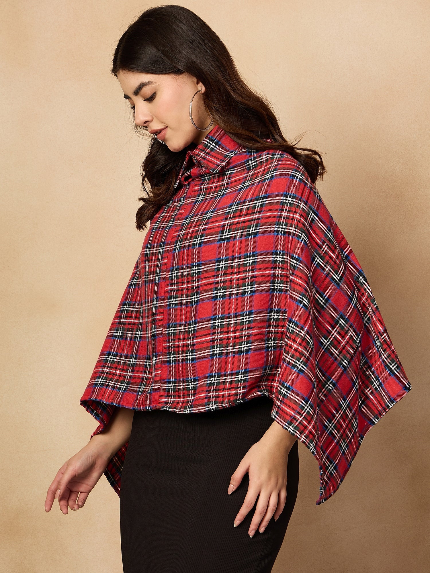 Women's Red Green Check Collar Poncho - InWeave