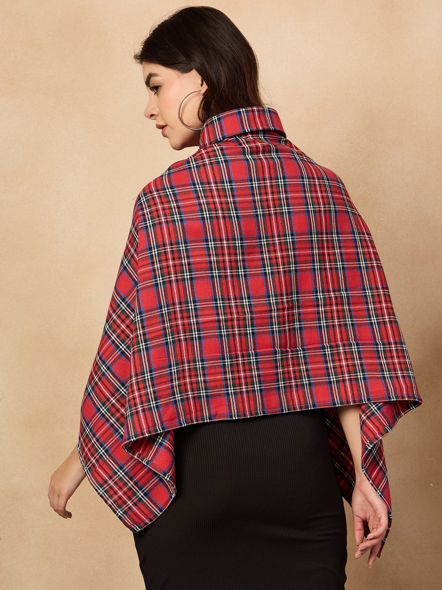 Women's Red Green Check Collar Poncho - InWeave