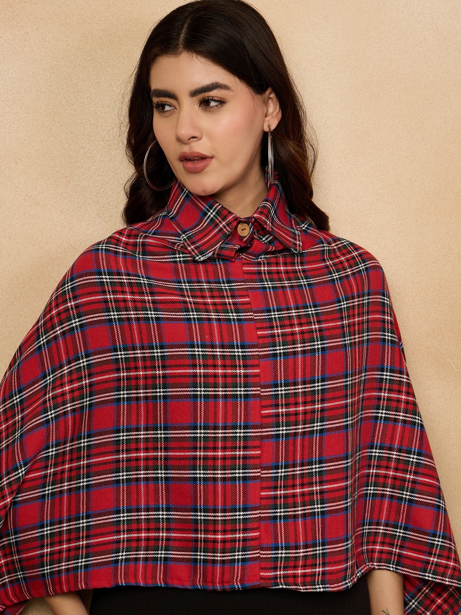 Women's Red Green Check Collar Poncho - InWeave