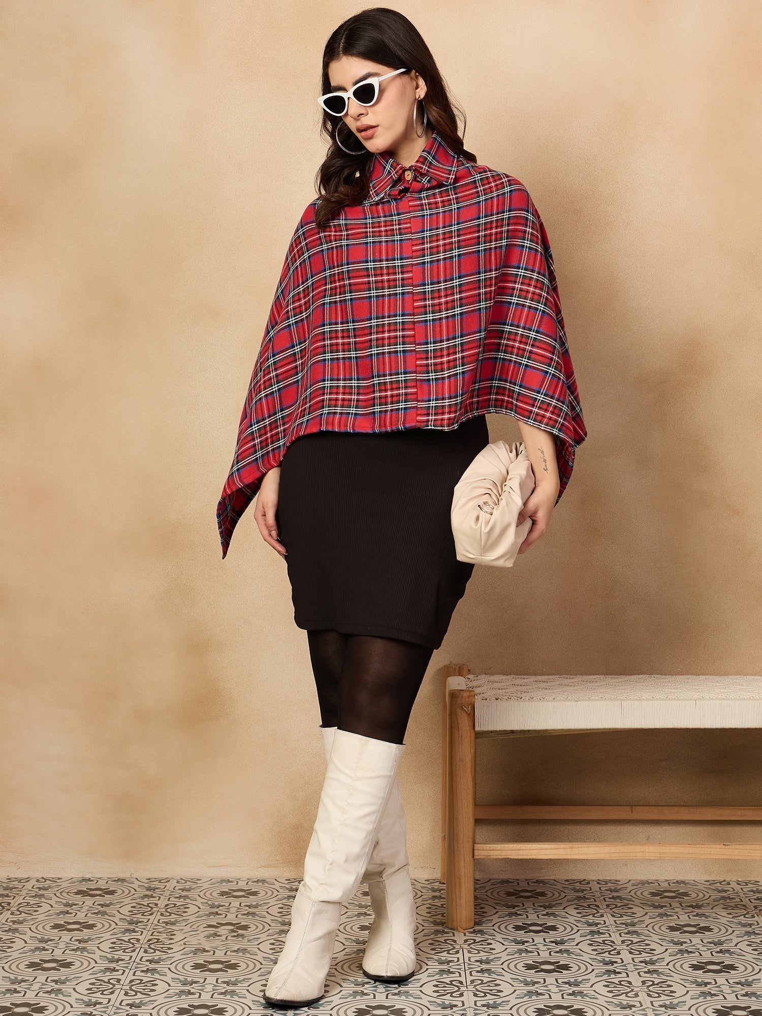 Women's Red Green Check Collar Poncho - InWeave