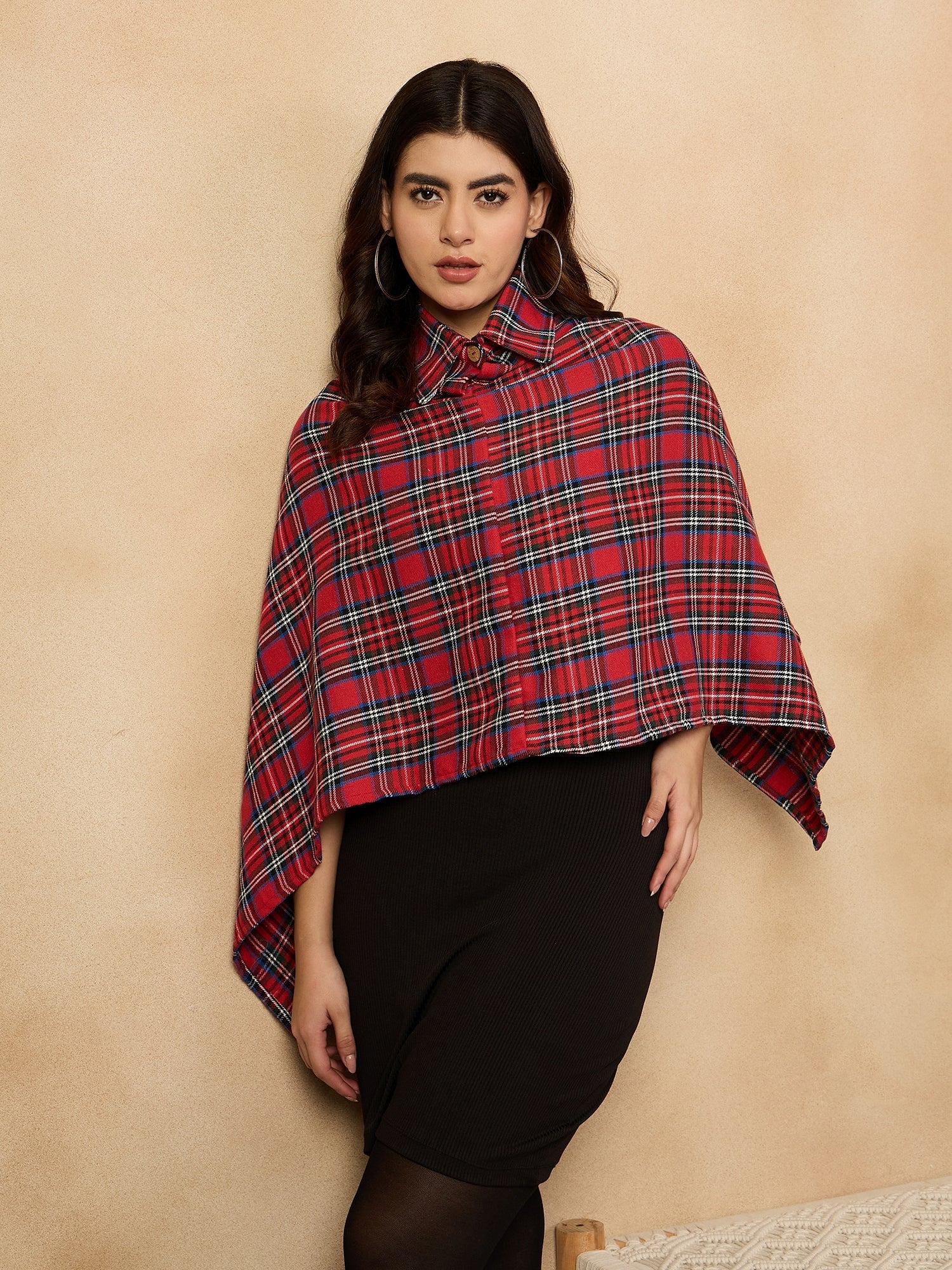 Women's Red Green Check Collar Poncho - InWeave