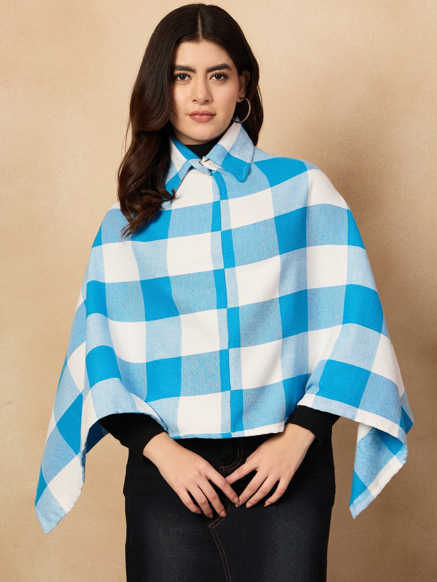 Women's Cyan Blue White Check Collar Poncho - InWeave