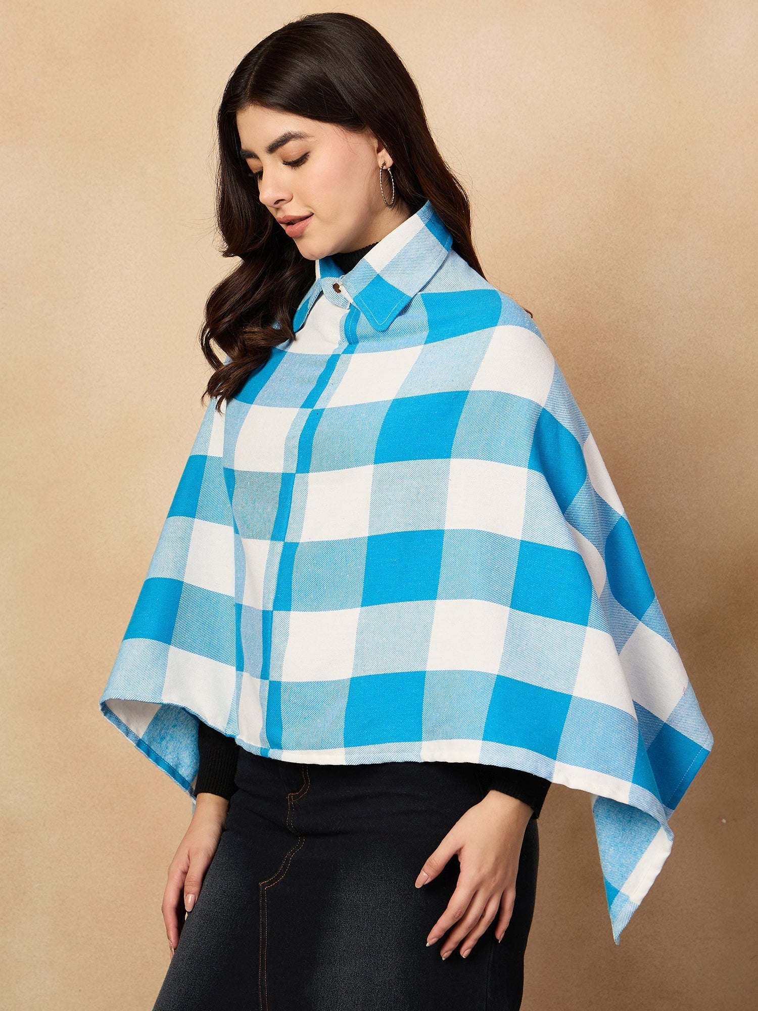 Women's Cyan Blue White Check Collar Poncho - InWeave