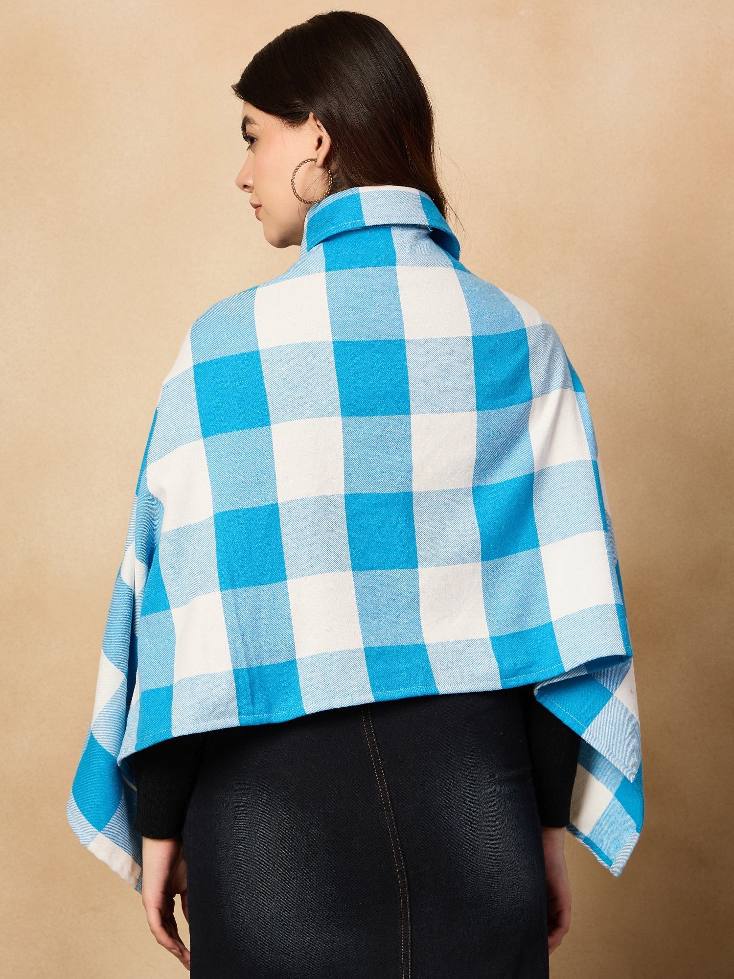 Women's Cyan Blue White Check Collar Poncho - InWeave